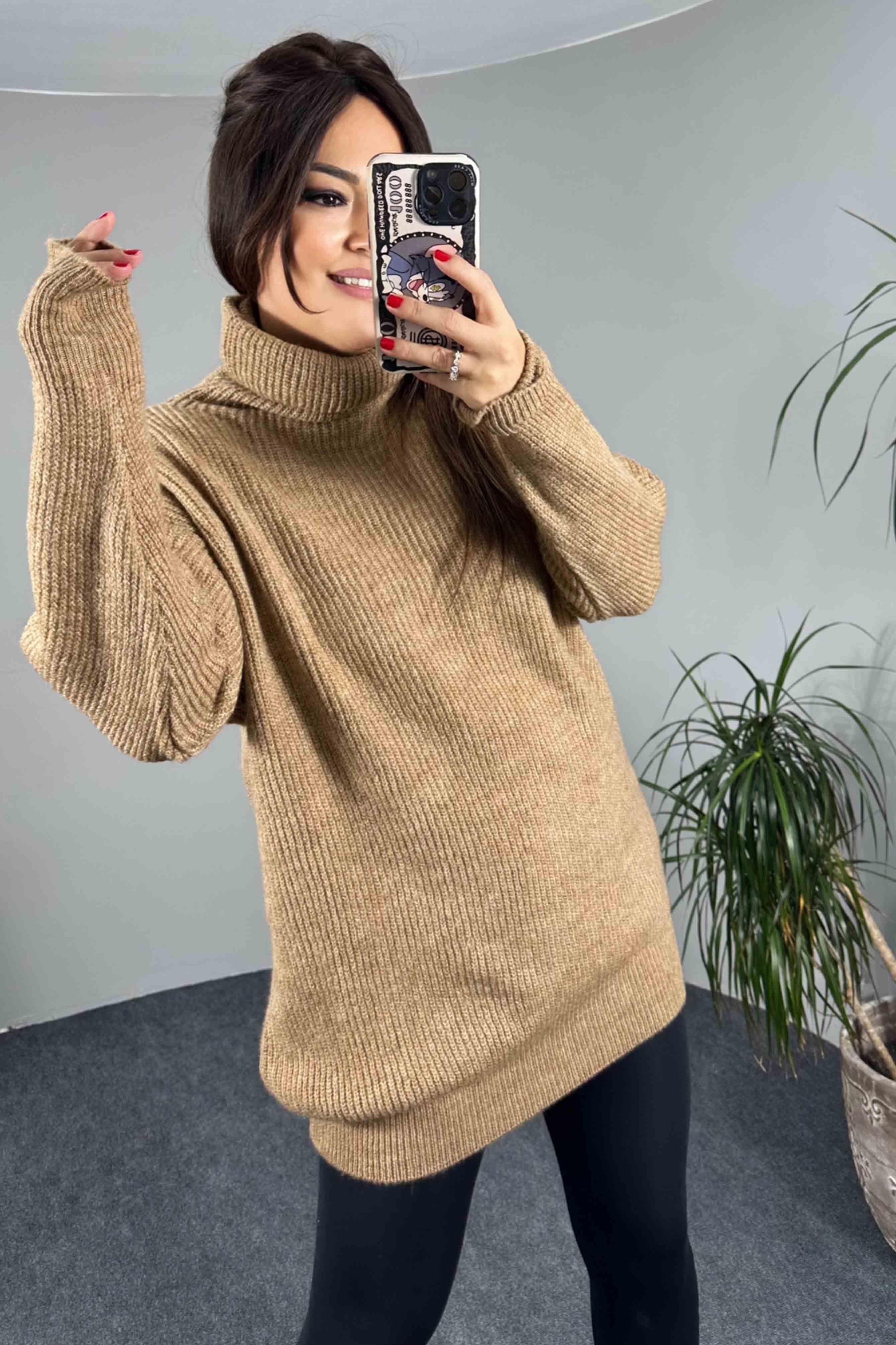 Selanik Örme Oversize Balıkçı Yaka Kazak Camel