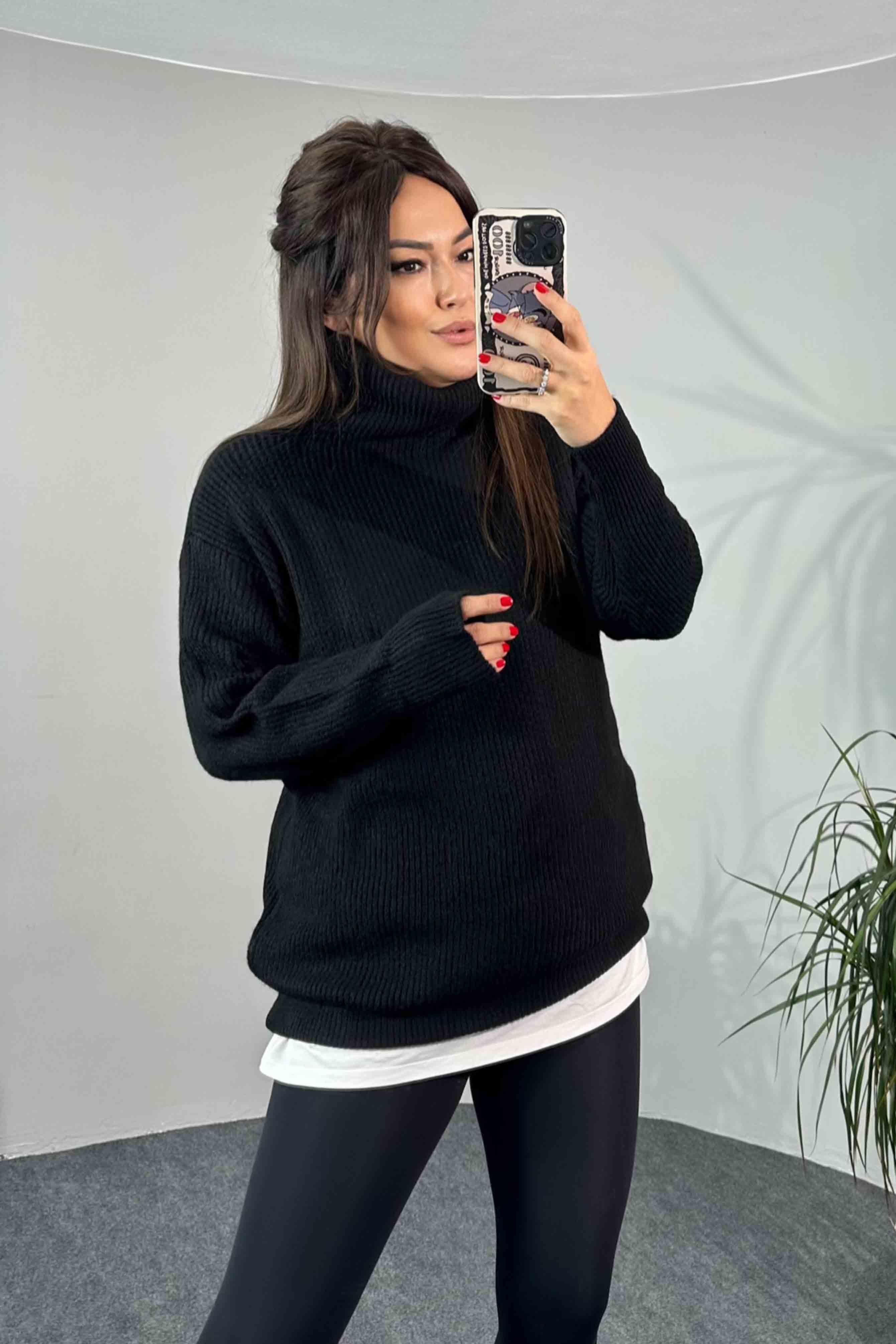 Selanik Örme Oversize Balıkçı Yaka Kazak Siyah