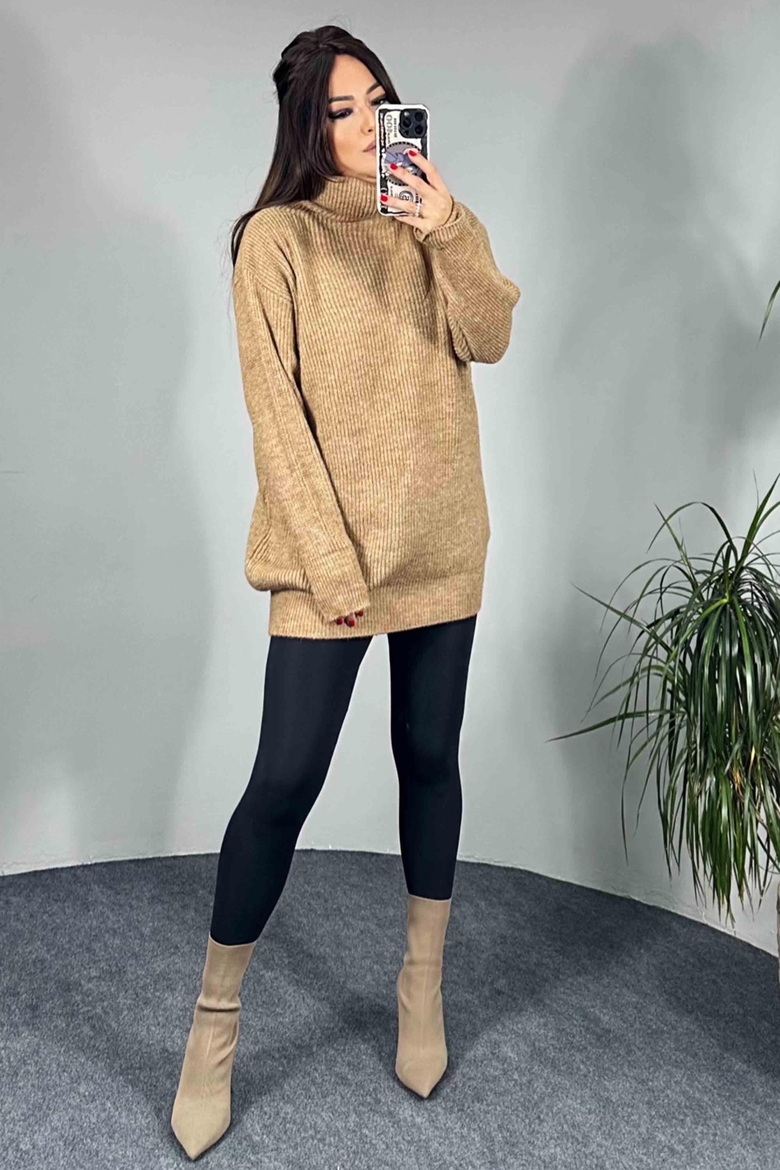 Selanik Örme Oversize Balıkçı Yaka Kazak Camel