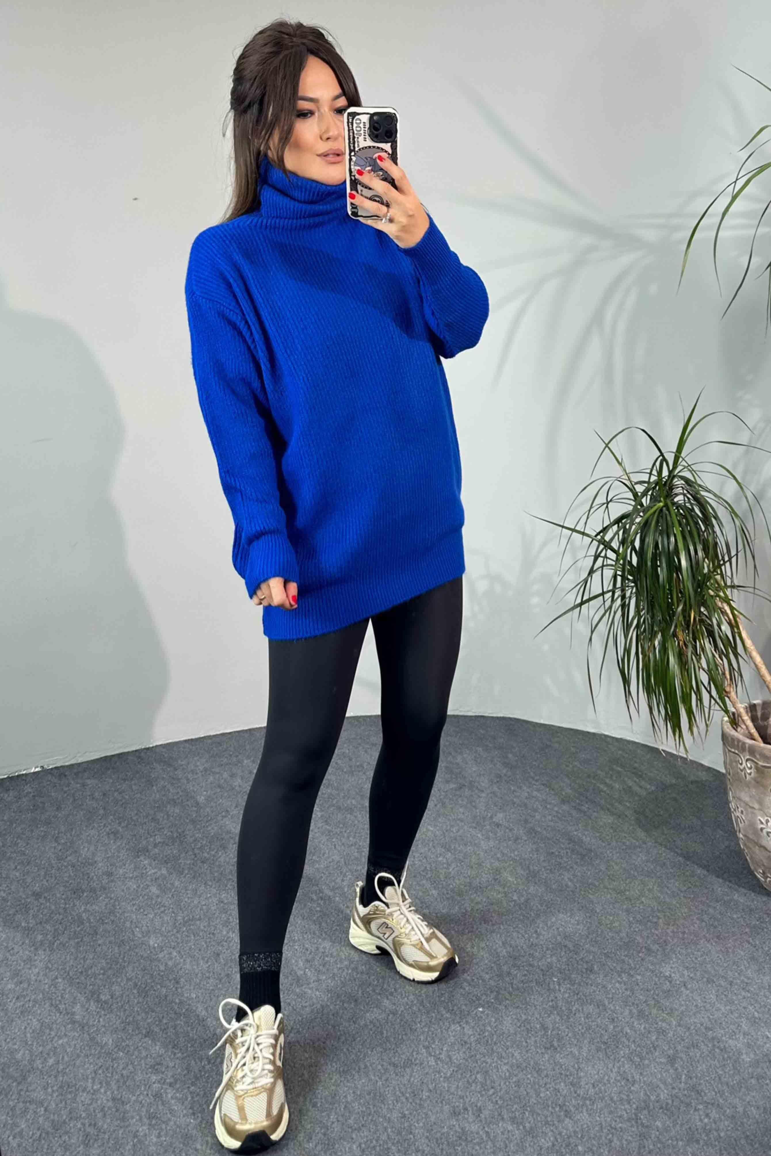 Selanik Örme Oversize Balıkçı Yaka Kazak Saks