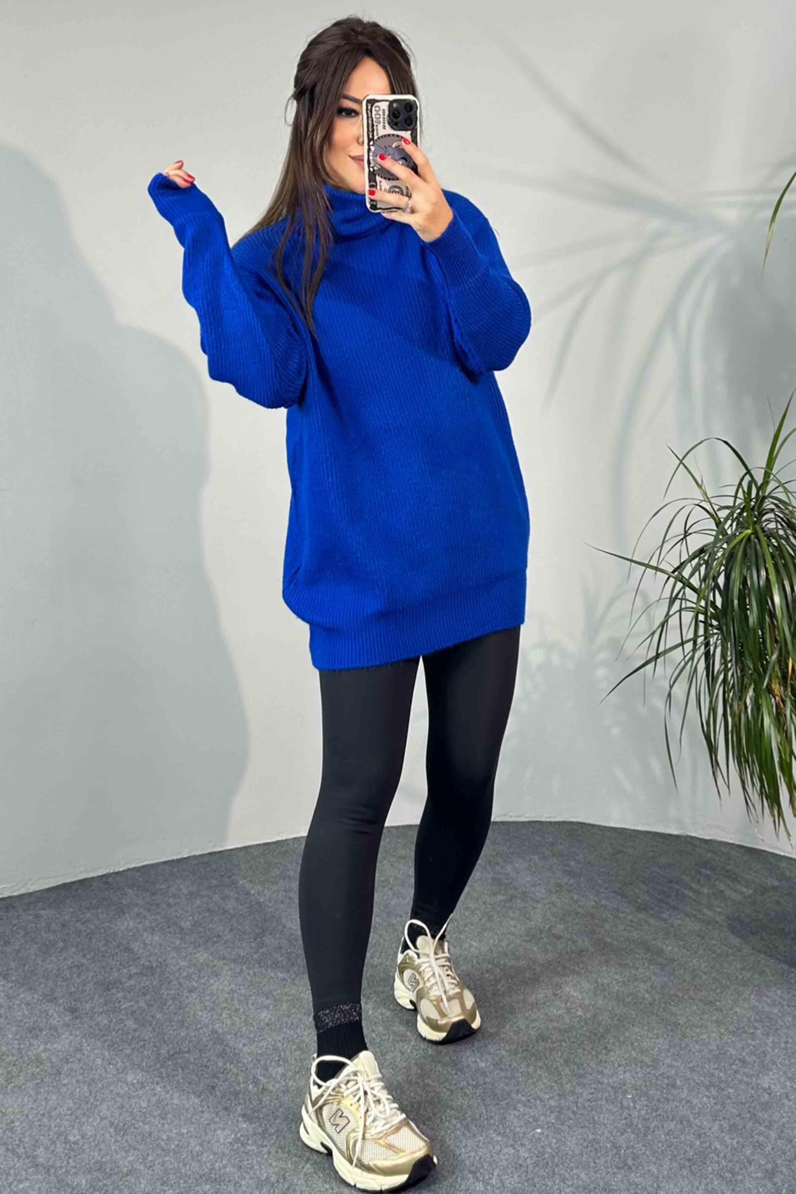 Selanik Örme Oversize Balıkçı Yaka Kazak Saks