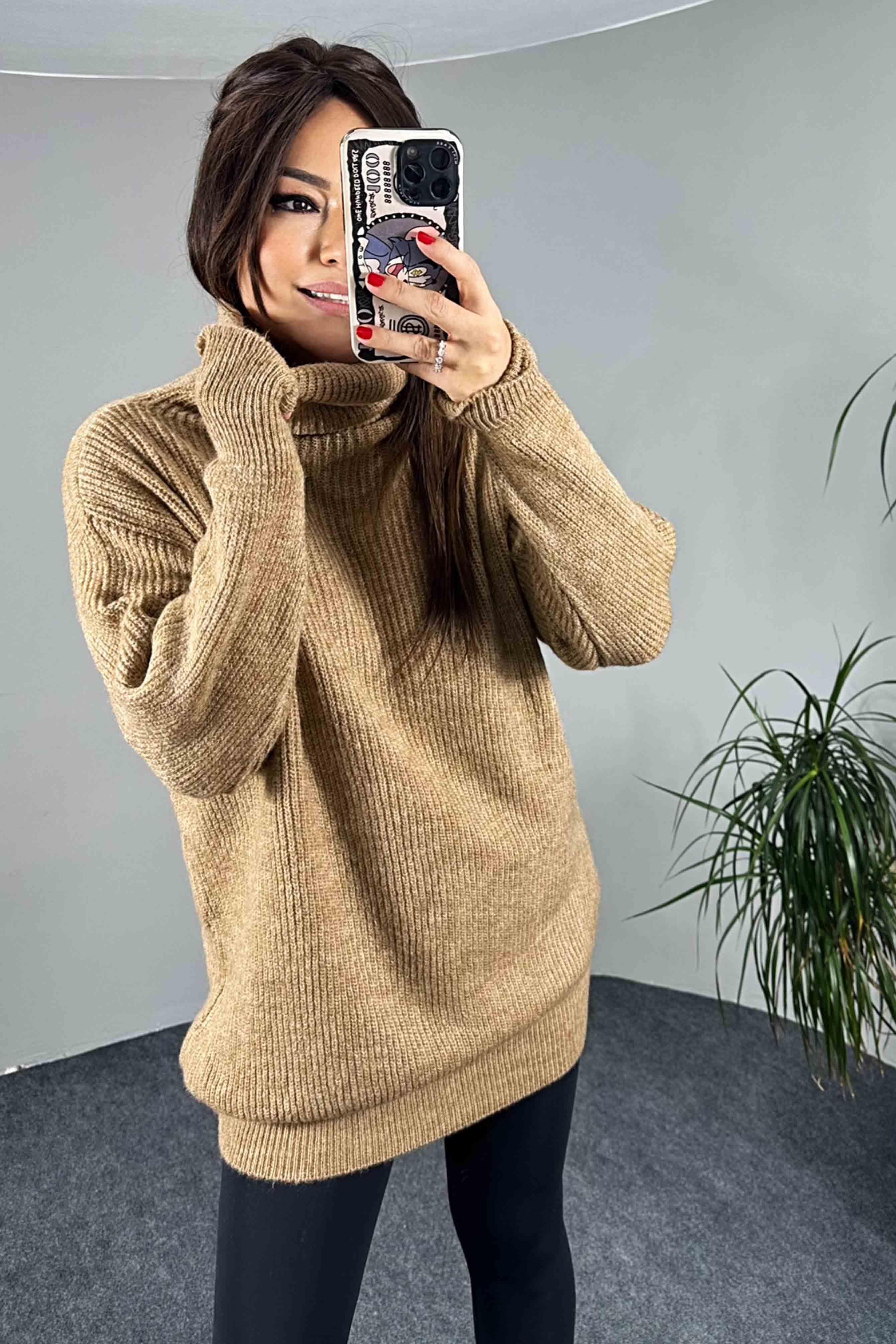 Selanik Örme Oversize Balıkçı Yaka Kazak Camel