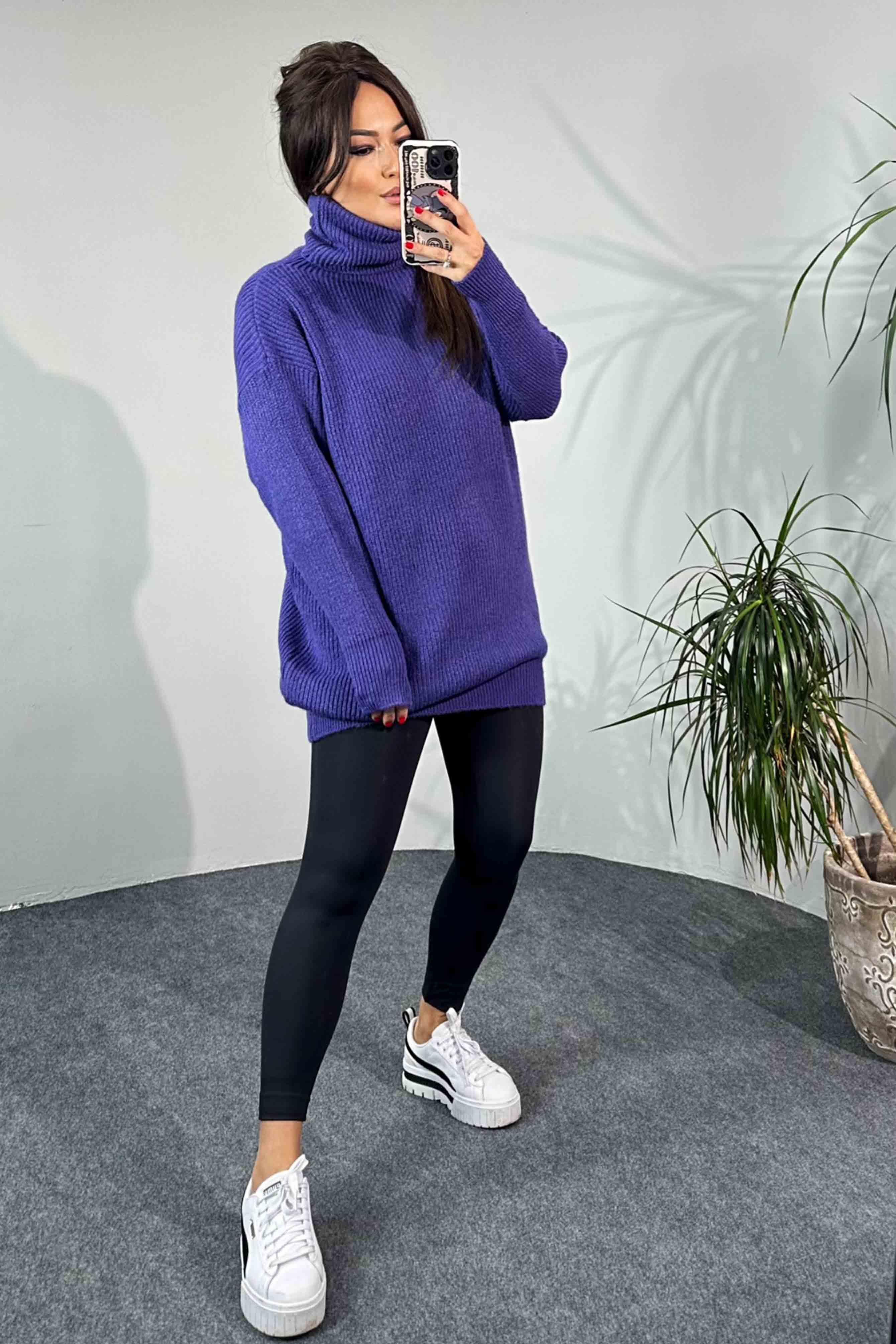 Selanik Örme Oversize Balıkçı Yaka Kazak Mor