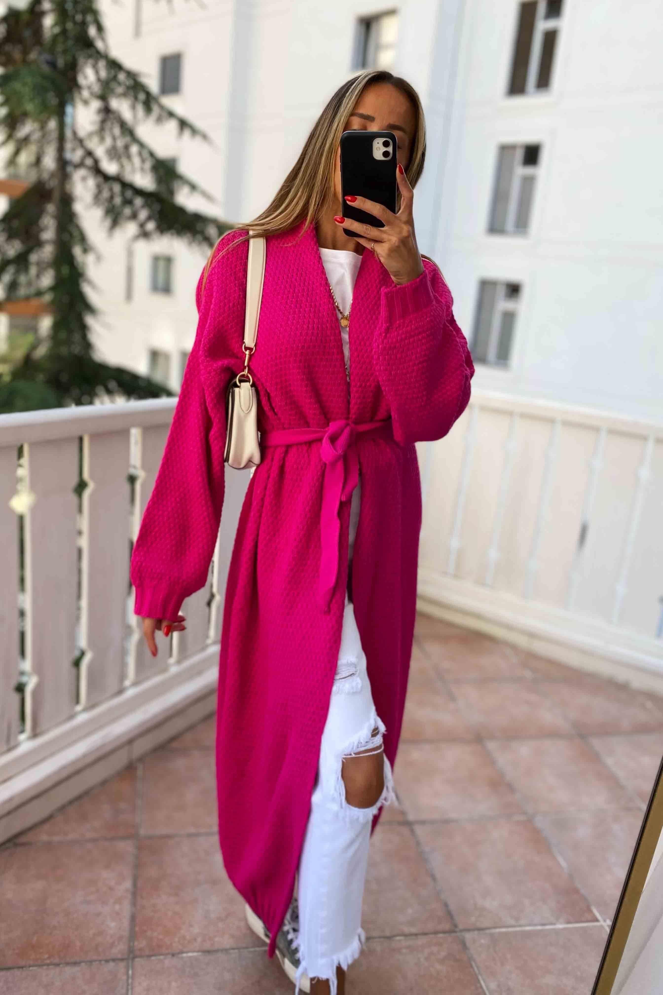 Sık Selanik Örme Uzun Hırka Fuşya