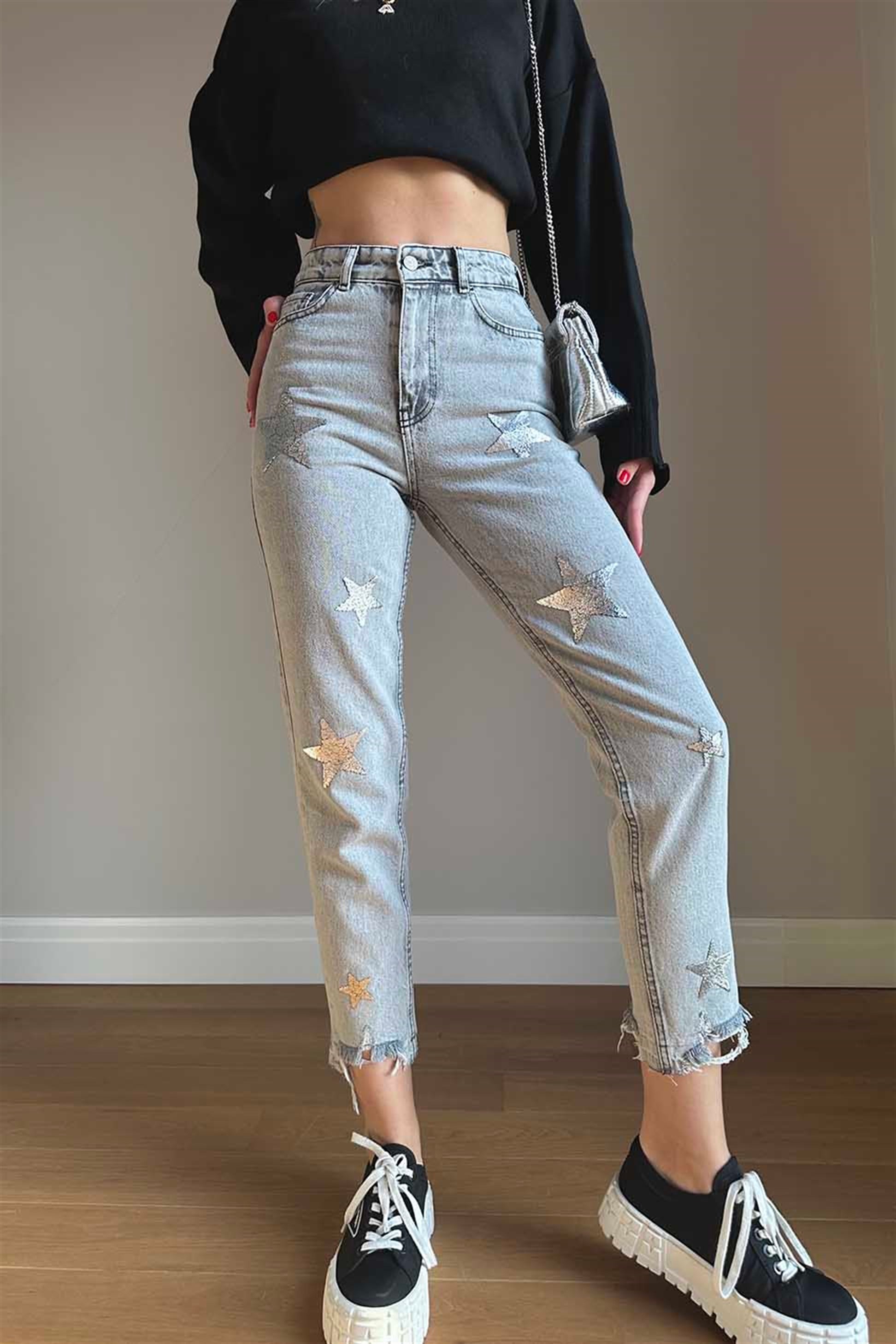 Silver Yıldız Baskı Detaylı Mom Jean Gri