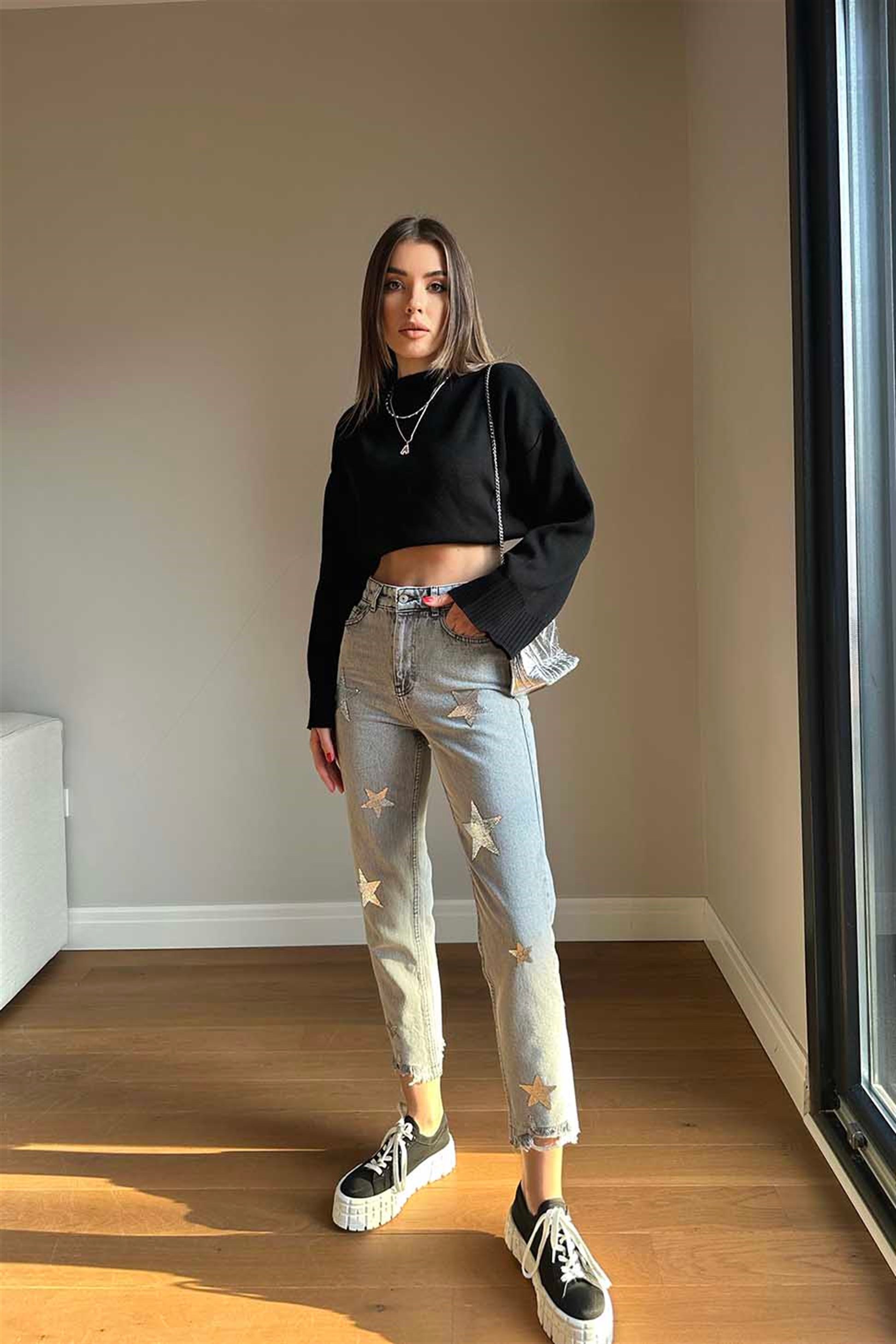 Silver Yıldız Baskı Detaylı Mom Jean Gri
