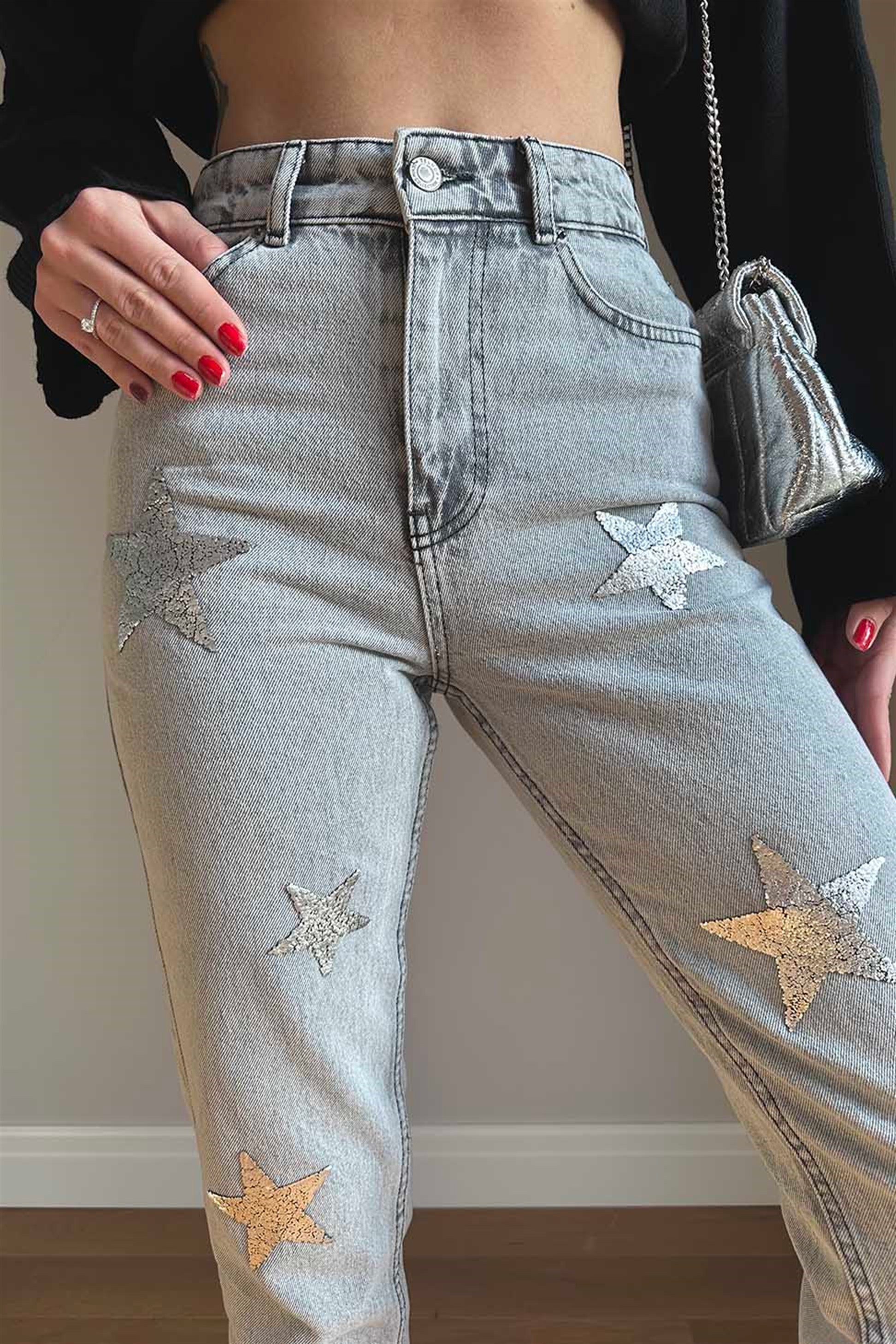 Silver Yıldız Baskı Detaylı Mom Jean Gri
