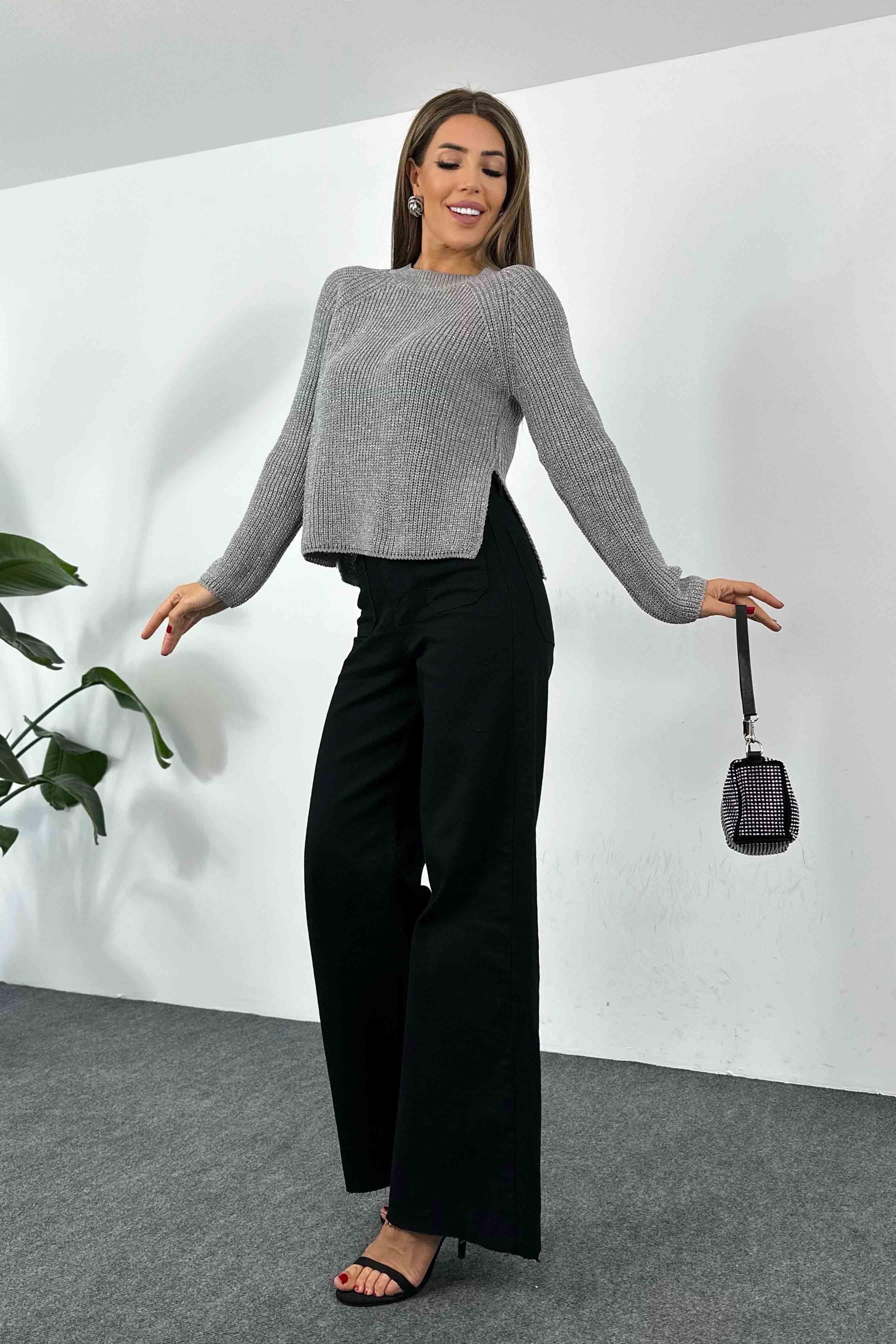 Sim Geçişli Kalın Örme Kadın Kazak Gri