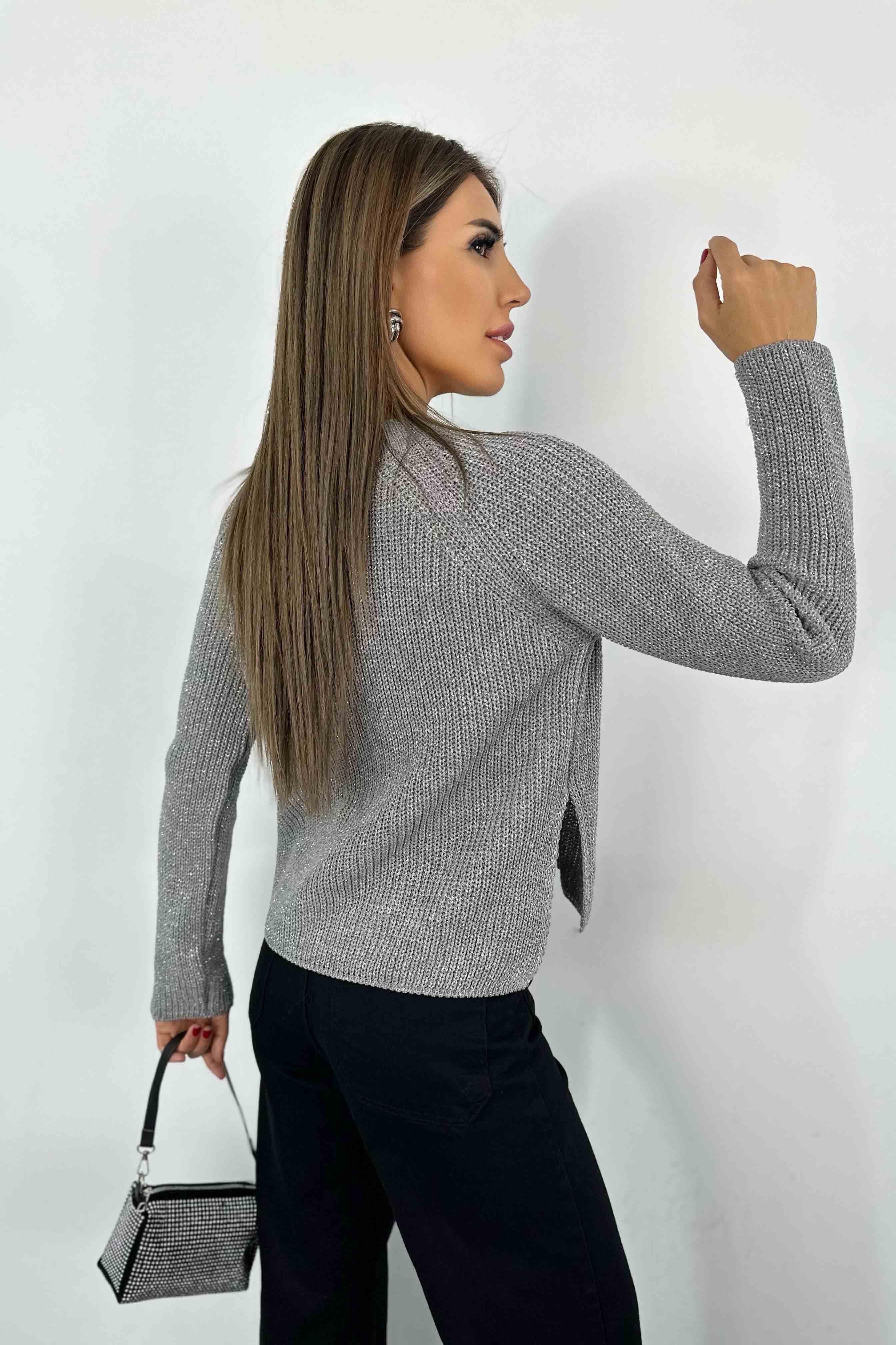 Sim Geçişli Kalın Örme Kadın Kazak Gri