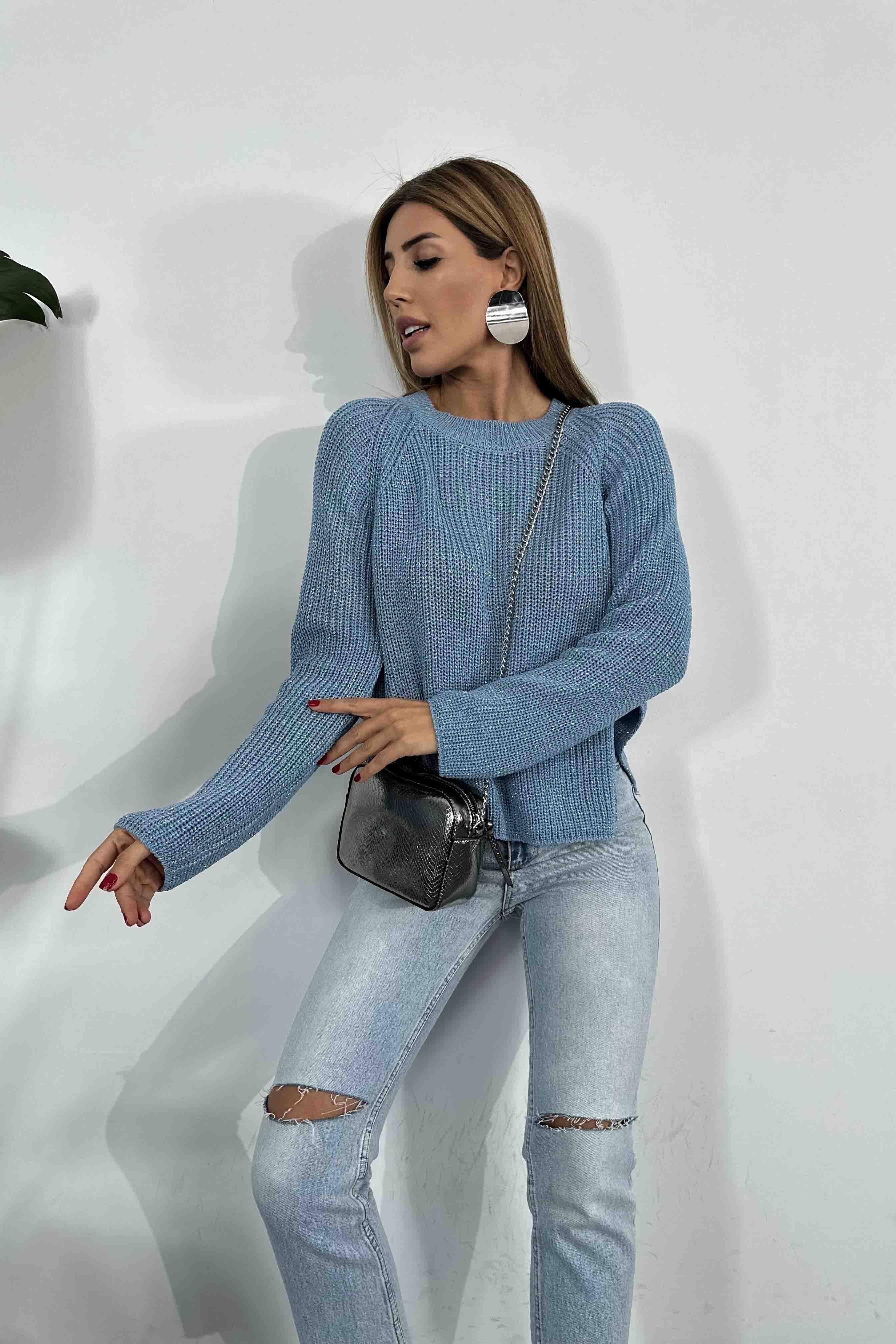 Sim Geçişli Kalın Örme Kadın Kazak İndigo Mavisi