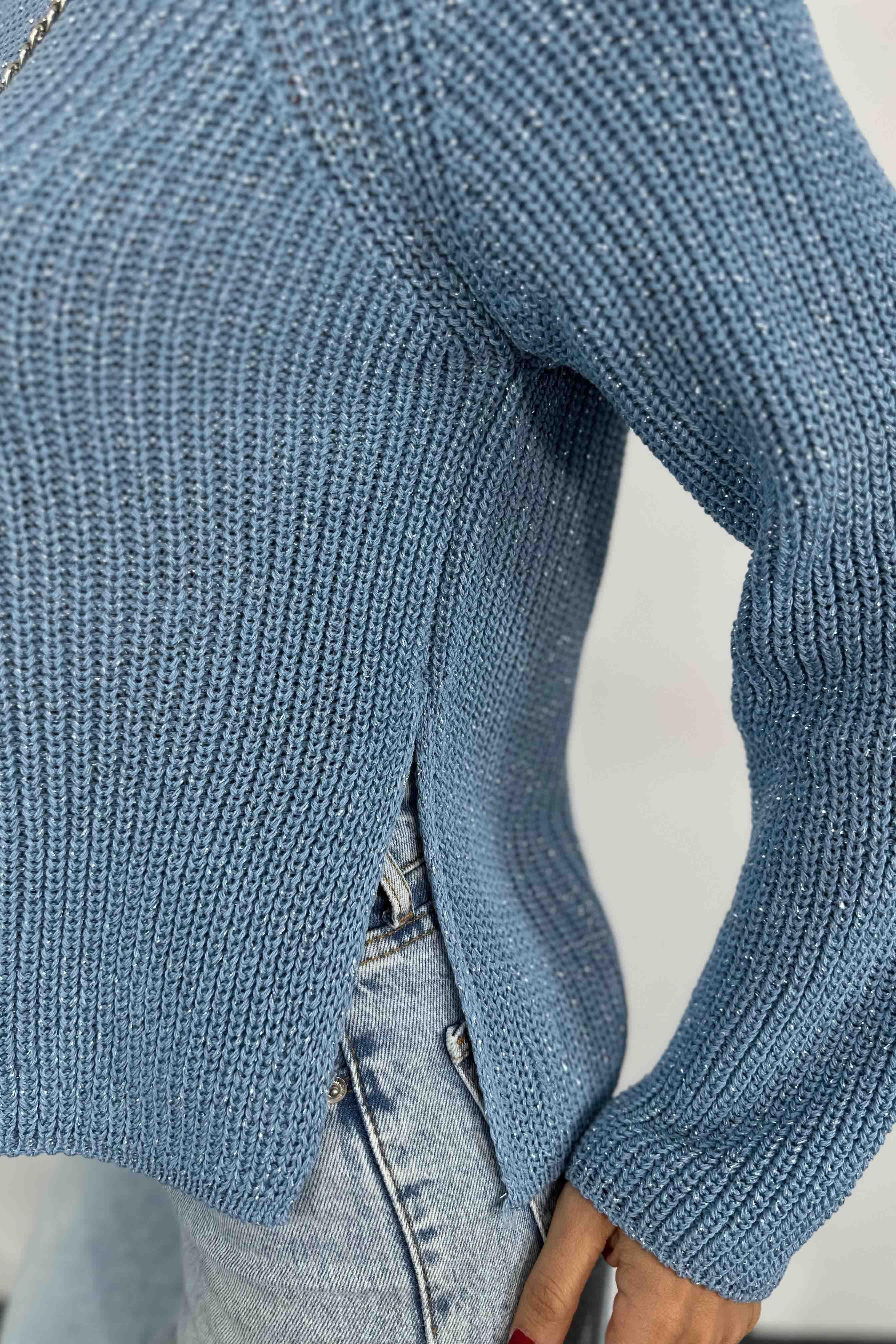 Sim Geçişli Kalın Örme Kadın Kazak İndigo Mavisi