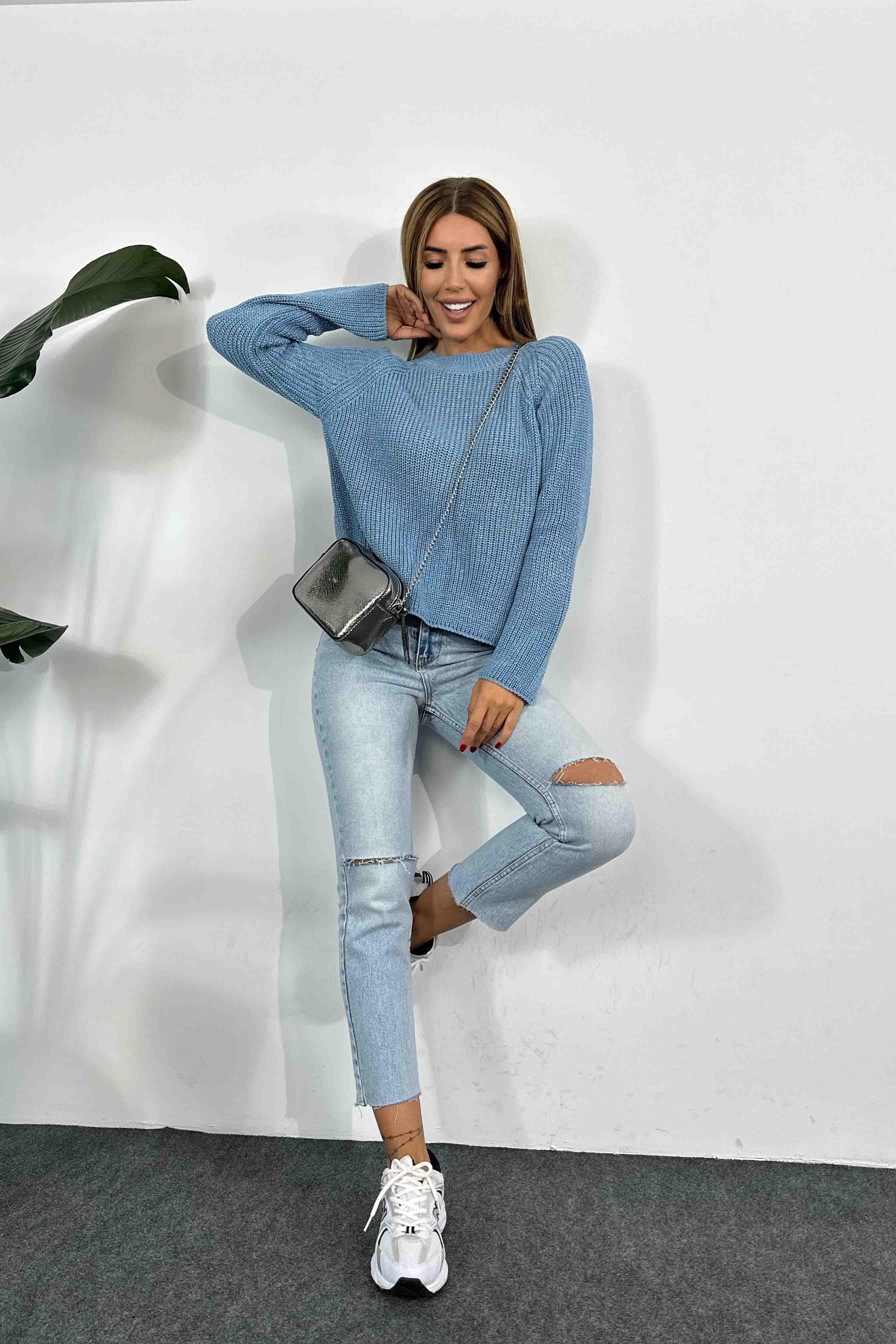 Sim Geçişli Kalın Örme Kadın Kazak İndigo Mavisi