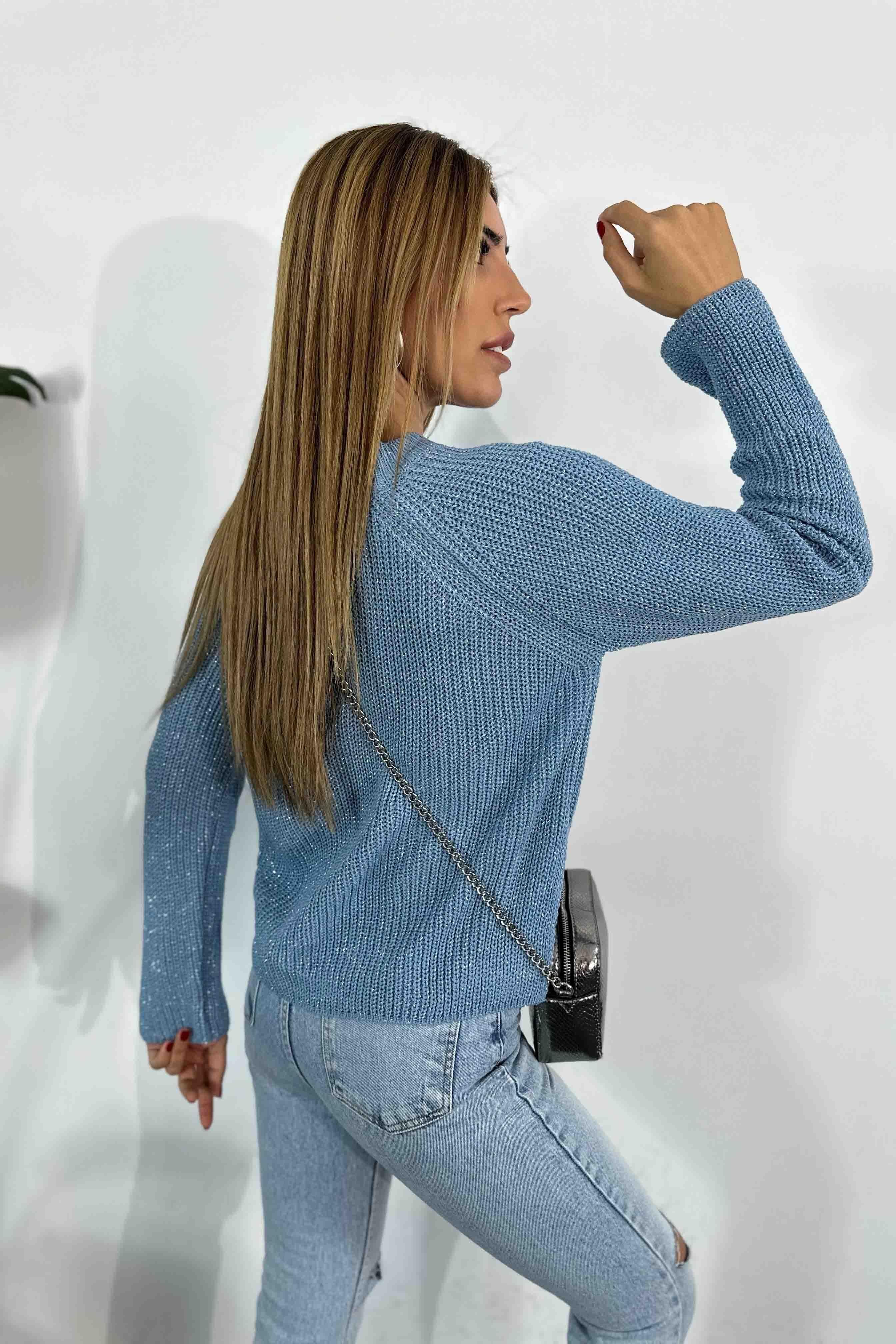 Sim Geçişli Kalın Örme Kadın Kazak İndigo Mavisi