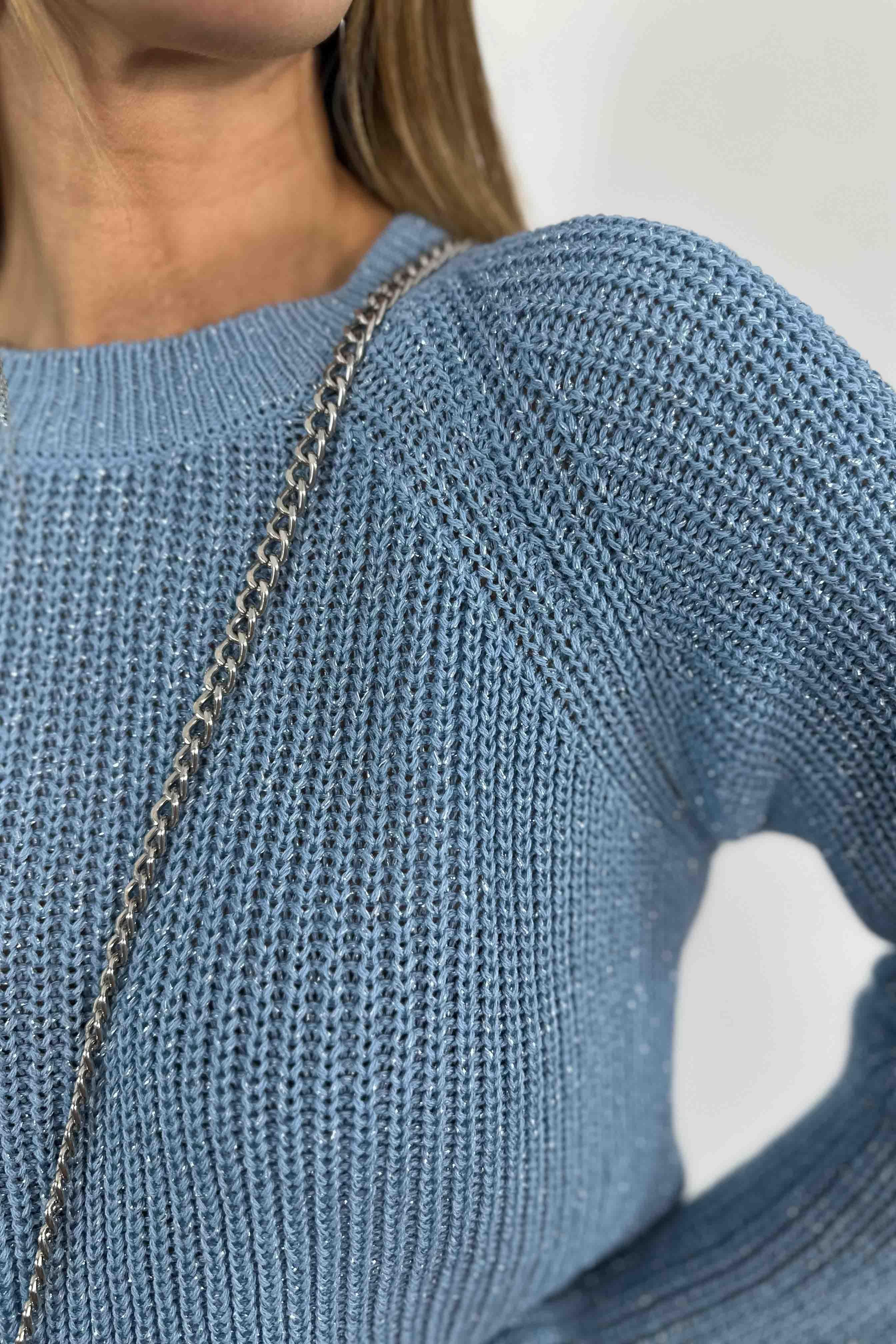 Sim Geçişli Kalın Örme Kadın Kazak İndigo Mavisi