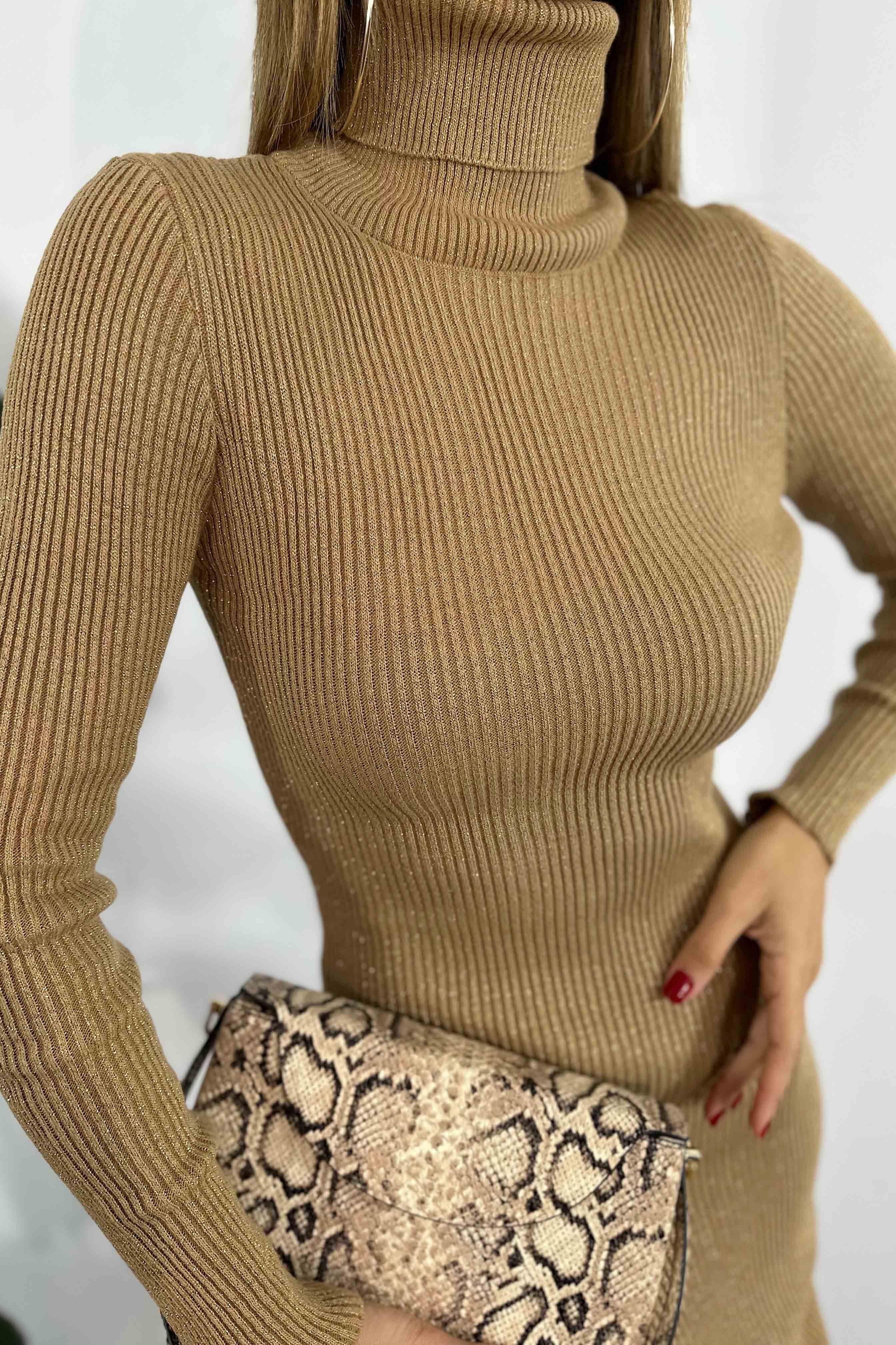 Sim Geçişli Örme Balıkçı Yaka Fitilli Elbise Bej