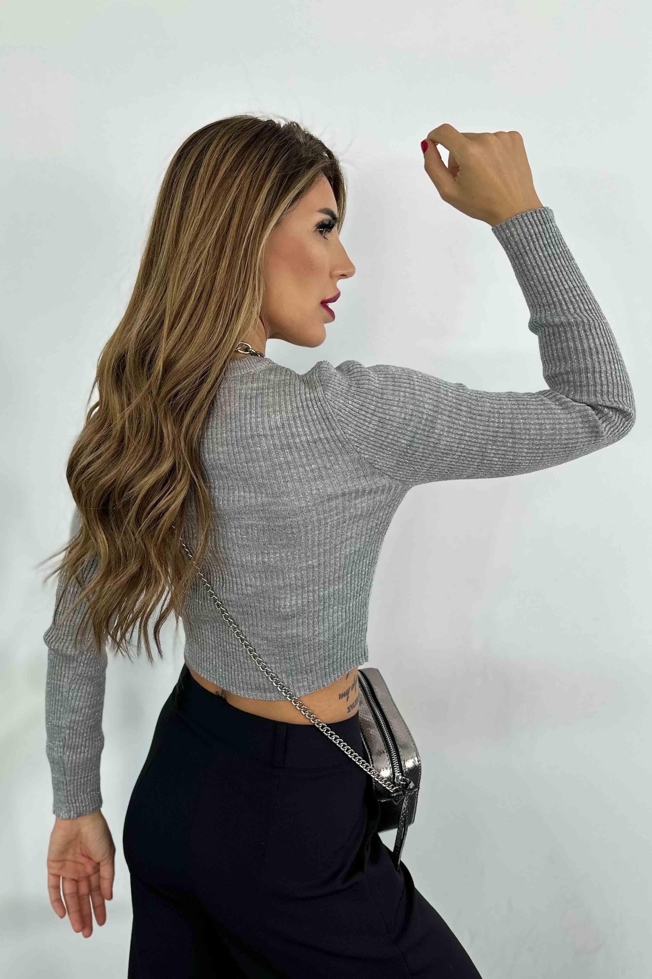 Sim Geçişli Örme Fitilli Triko Bluz Gri