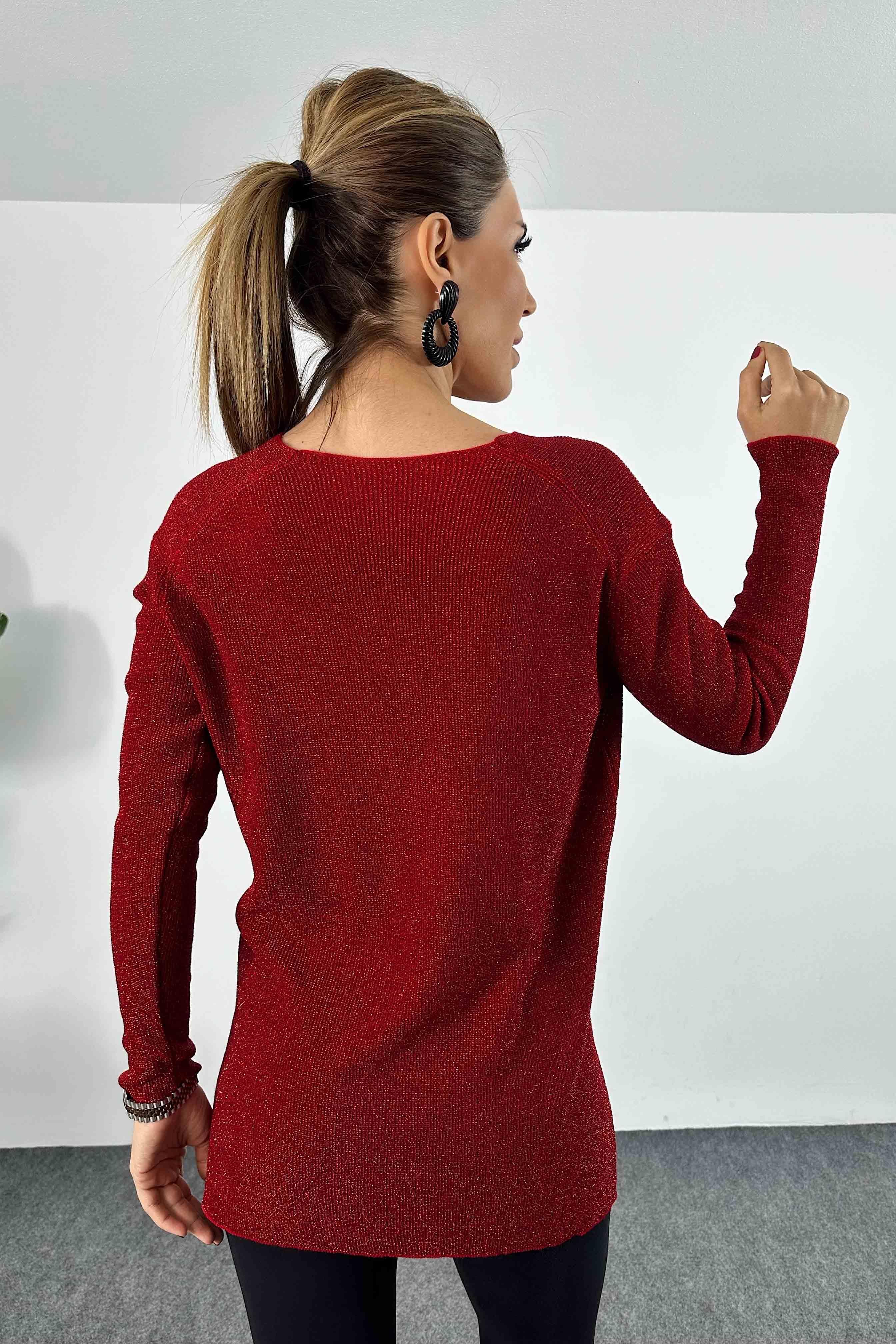 Sim İplik İnce Örme V Yaka Yırtmaçlı Bluz Bordo