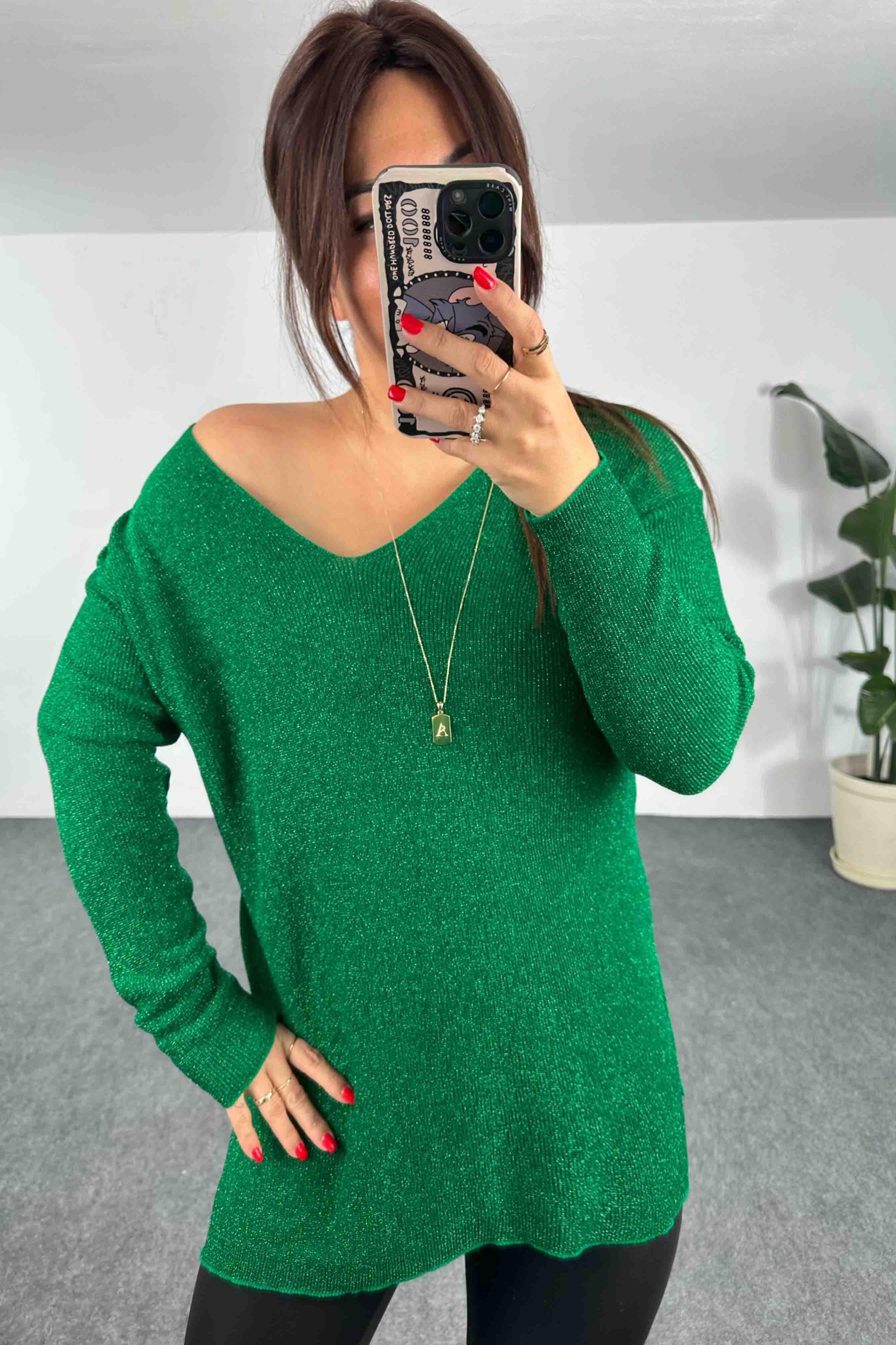 Sim İplik İnce Örme V Yaka Yırtmaçlı Bluz Yeşil