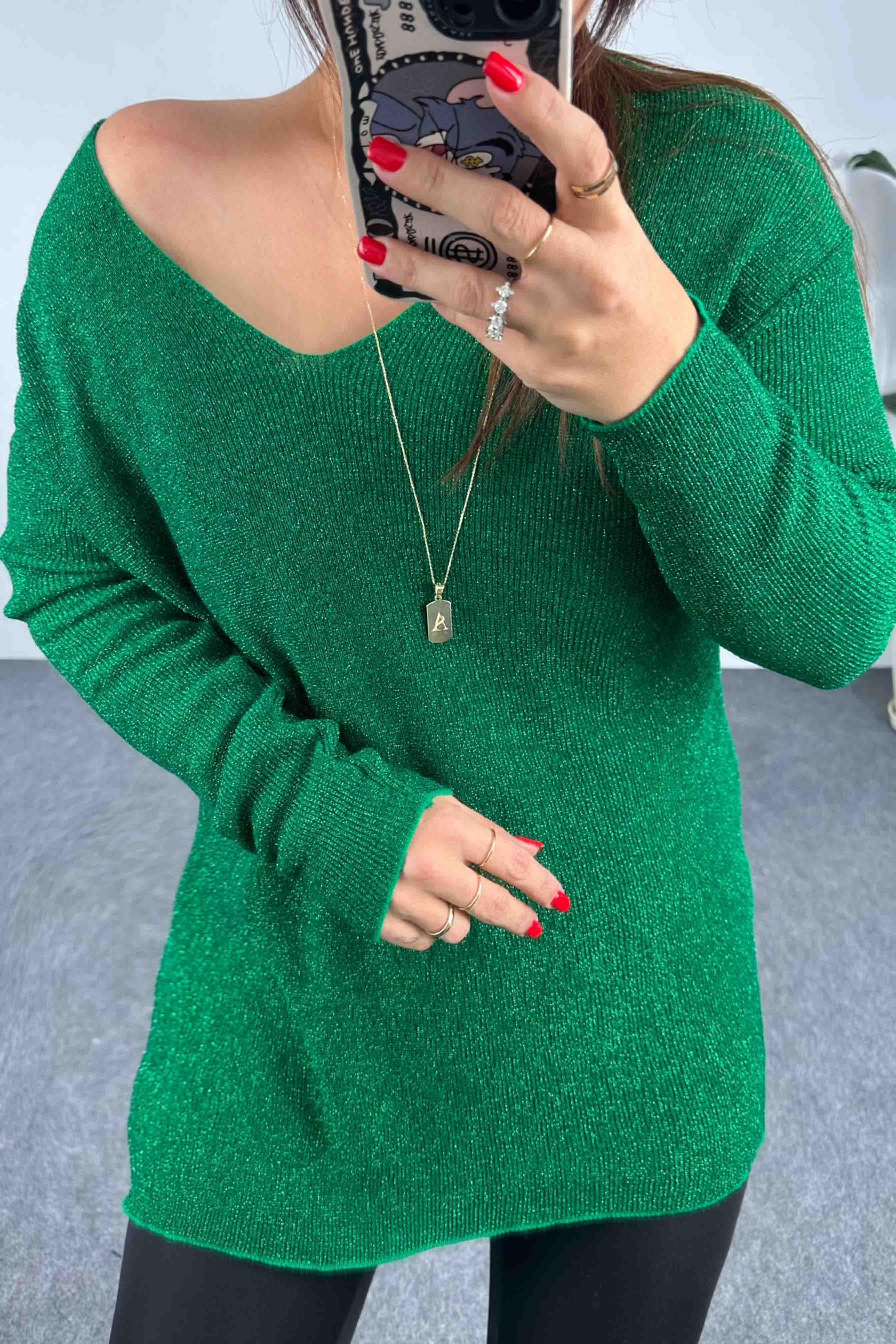 Sim İplik İnce Örme V Yaka Yırtmaçlı Bluz Yeşil