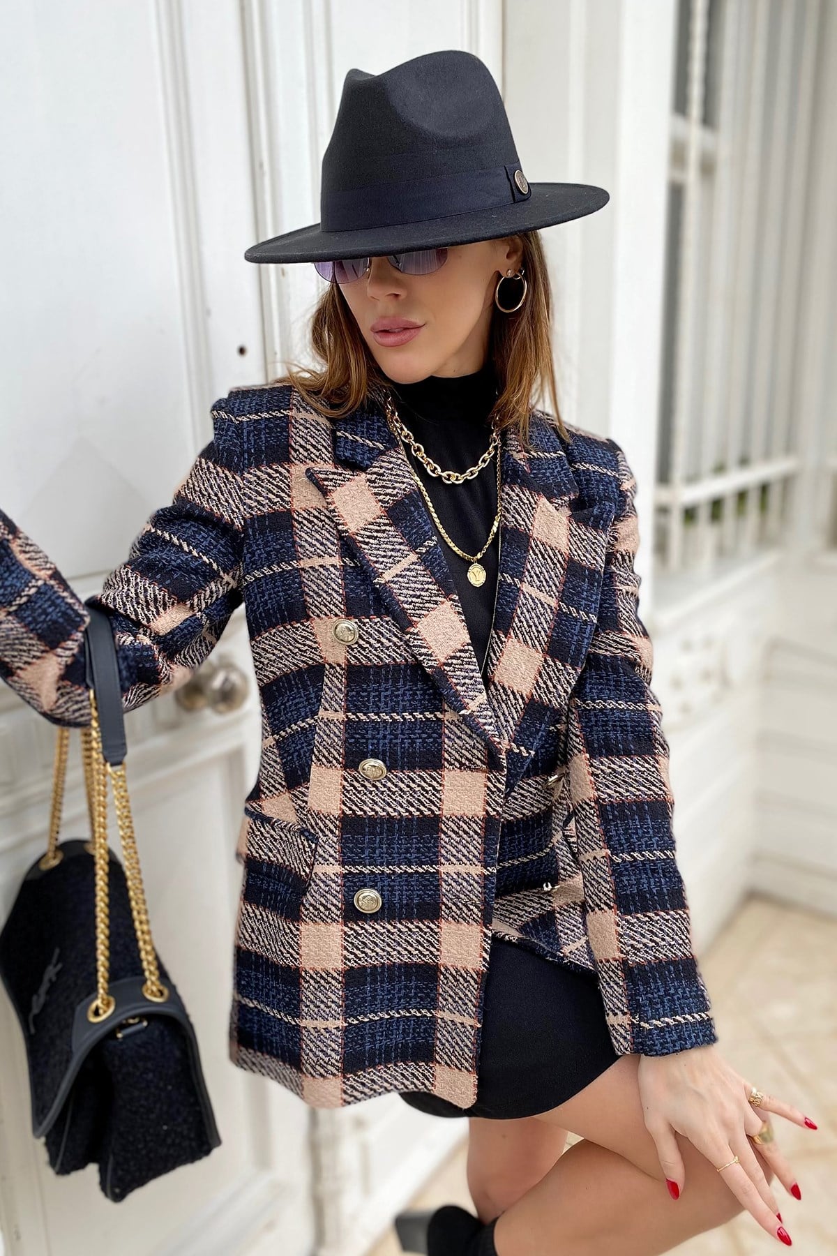 Siyah Bej Ekoseli Blazer Ceket