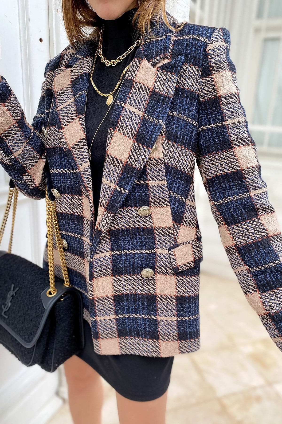Siyah Bej Ekoseli Blazer Ceket