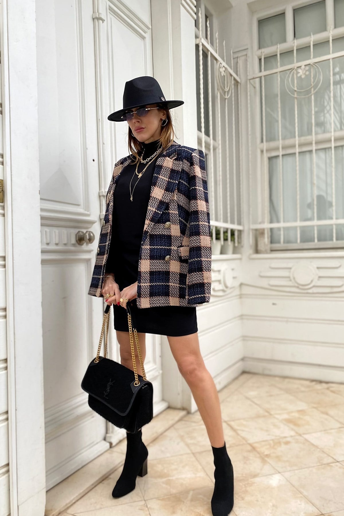 Siyah Bej Ekoseli Blazer Ceket