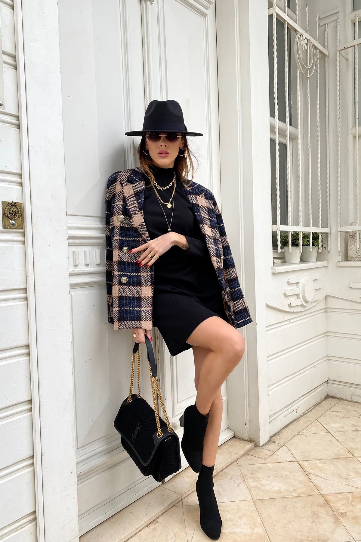Siyah Bej Ekoseli Blazer Ceket