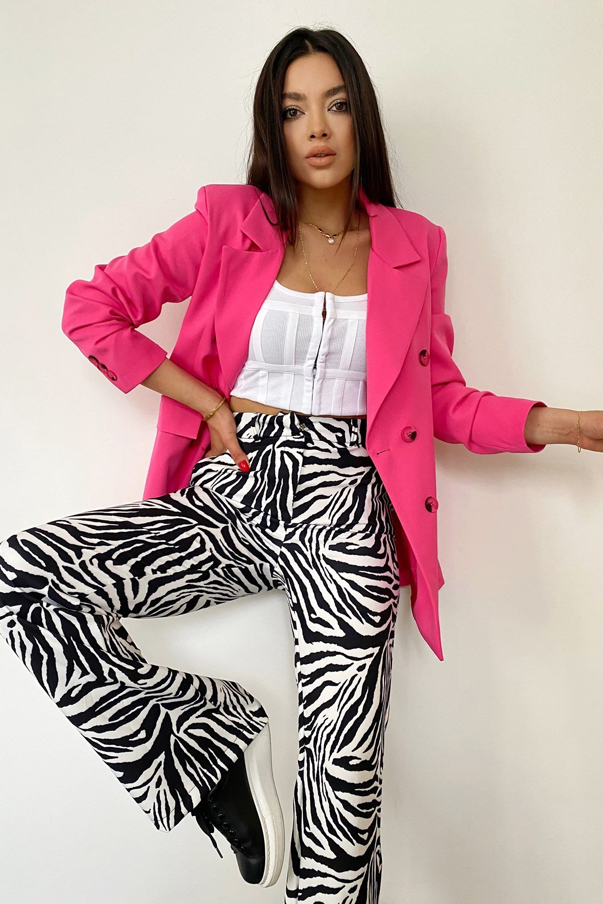 Siyah Beyaz Zebra Desen Crep Kumaş Pantolon