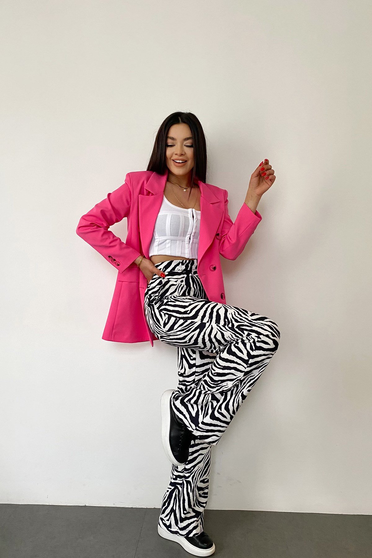 Siyah Beyaz Zebra Desen Crep Kumaş Pantolon