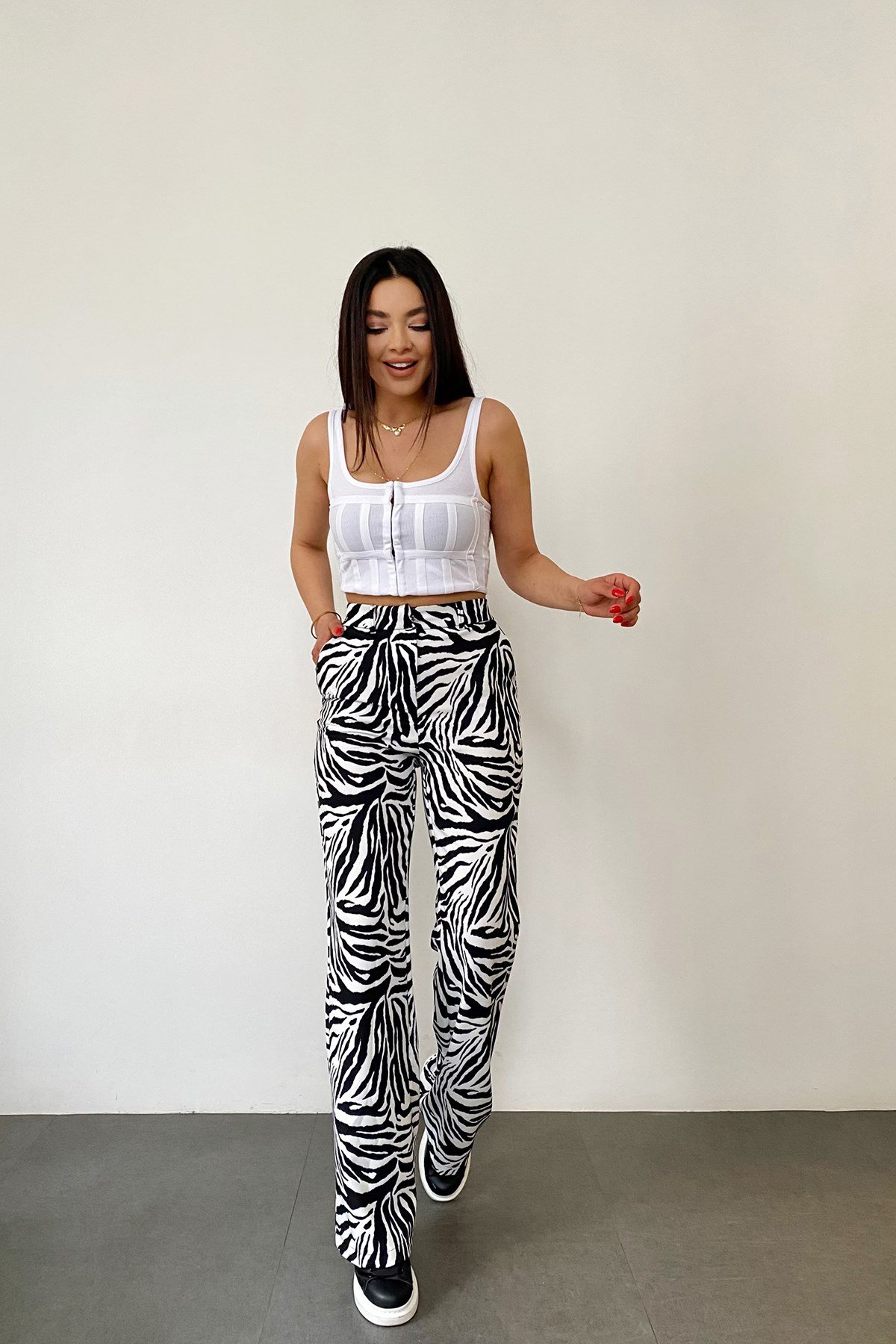 Siyah Beyaz Zebra Desen Crep Kumaş Pantolon