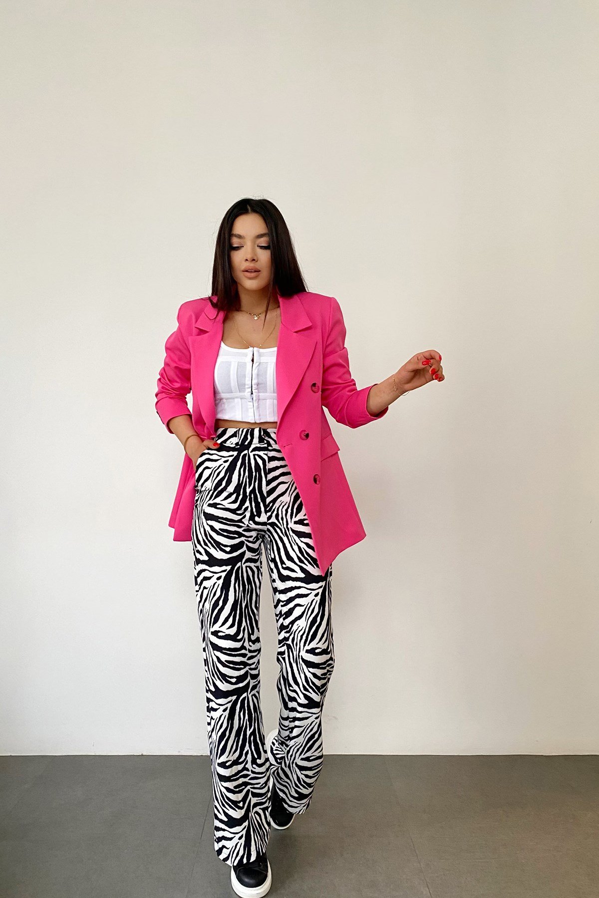 Siyah Beyaz Zebra Desen Crep Kumaş Pantolon