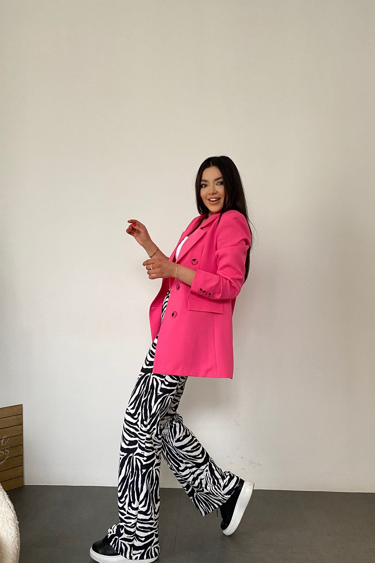 Siyah Beyaz Zebra Desen Crep Kumaş Pantolon