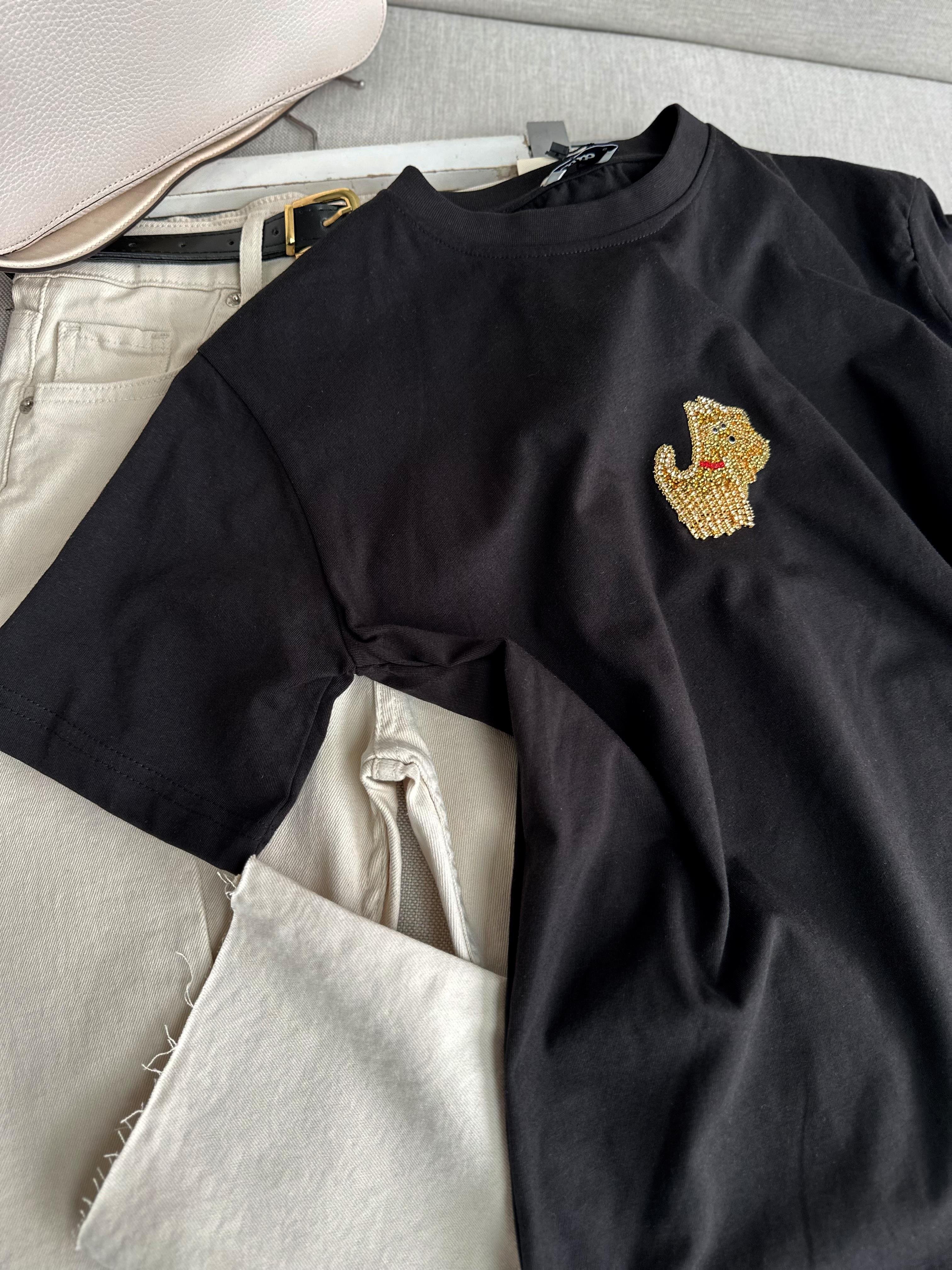 Siyah Köpüş Taş Detaylı Basic Tshirt