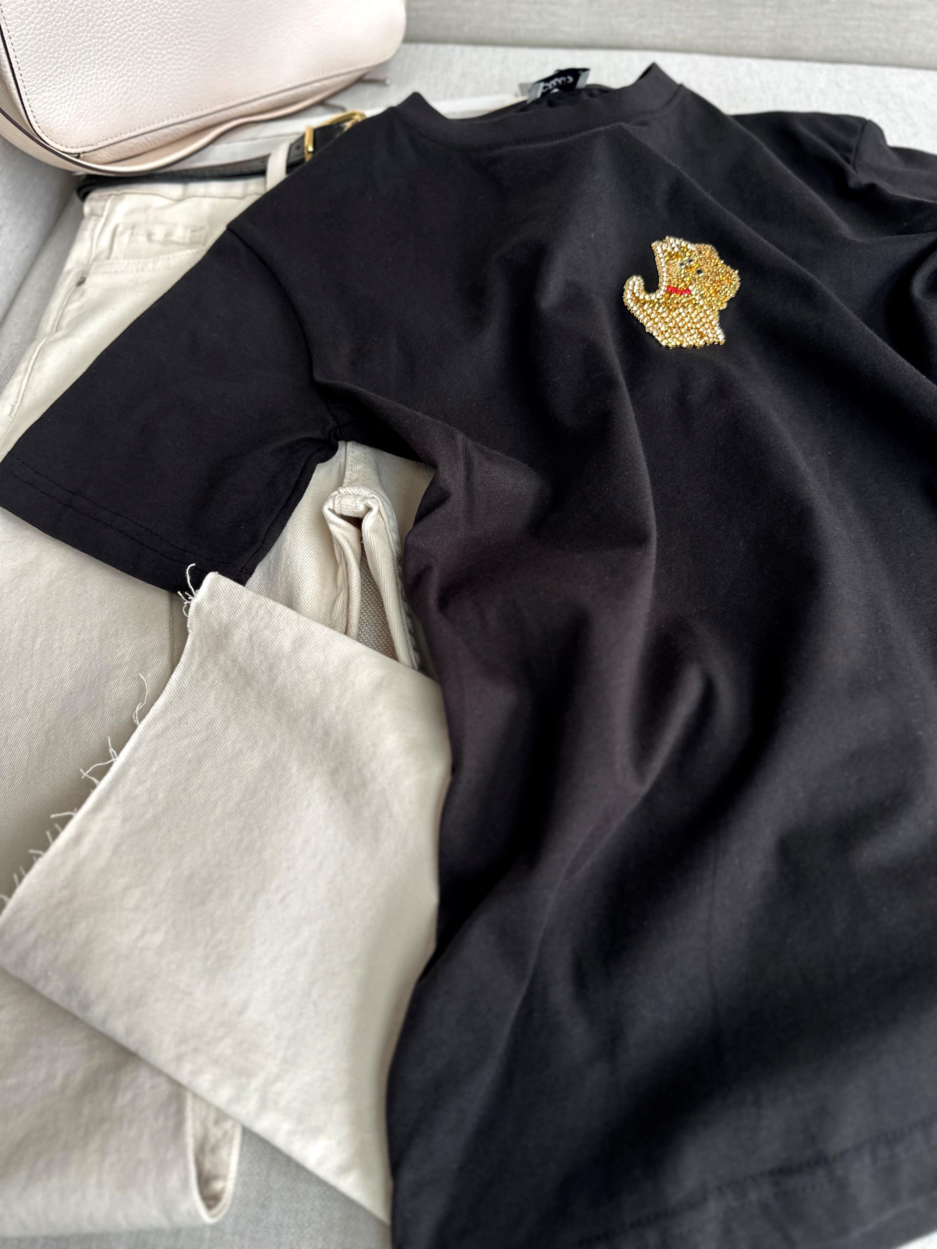 Siyah Köpüş Taş Detaylı Basic Tshirt