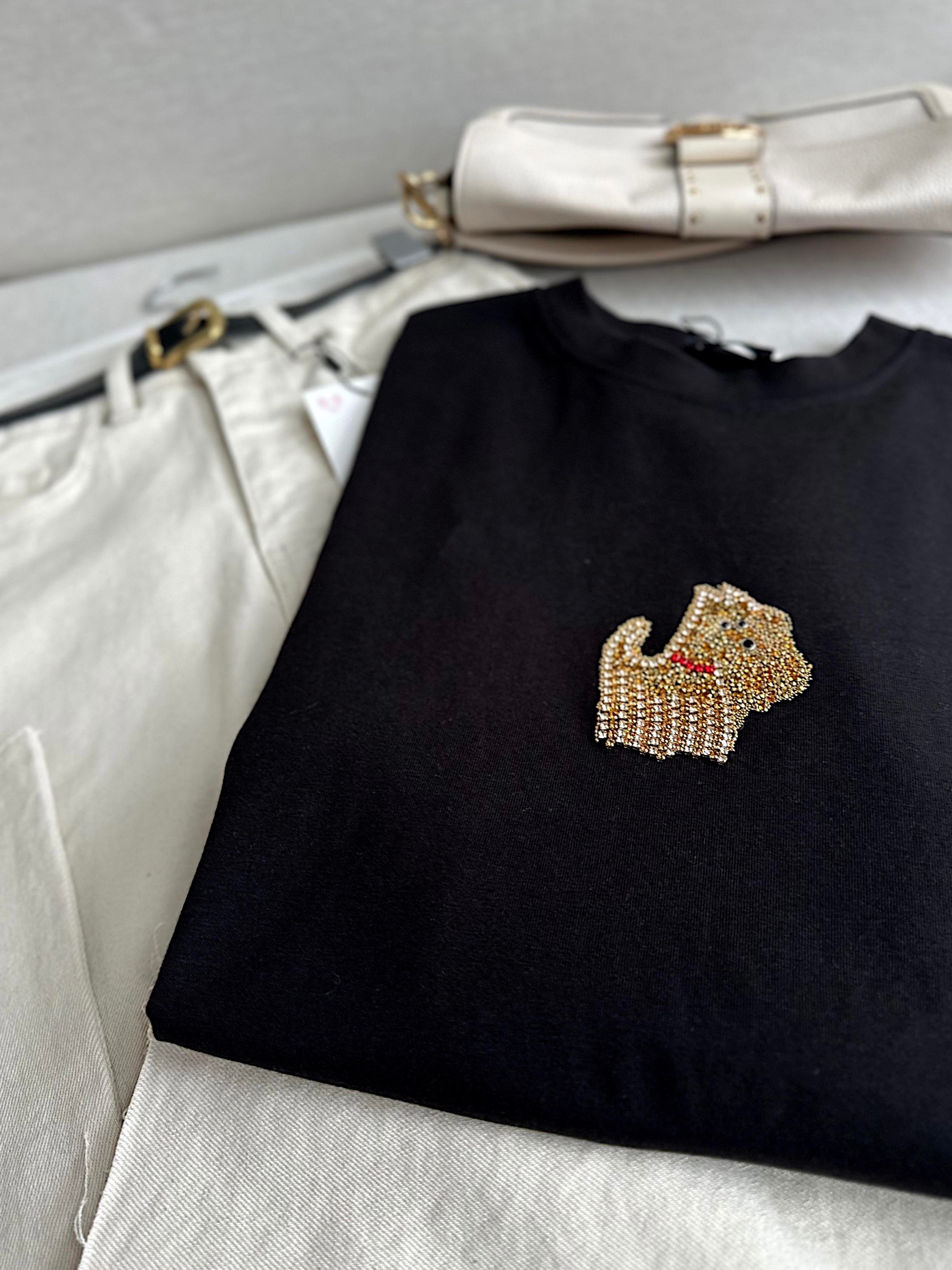 Siyah Köpüş Taş Detaylı Basic Tshirt