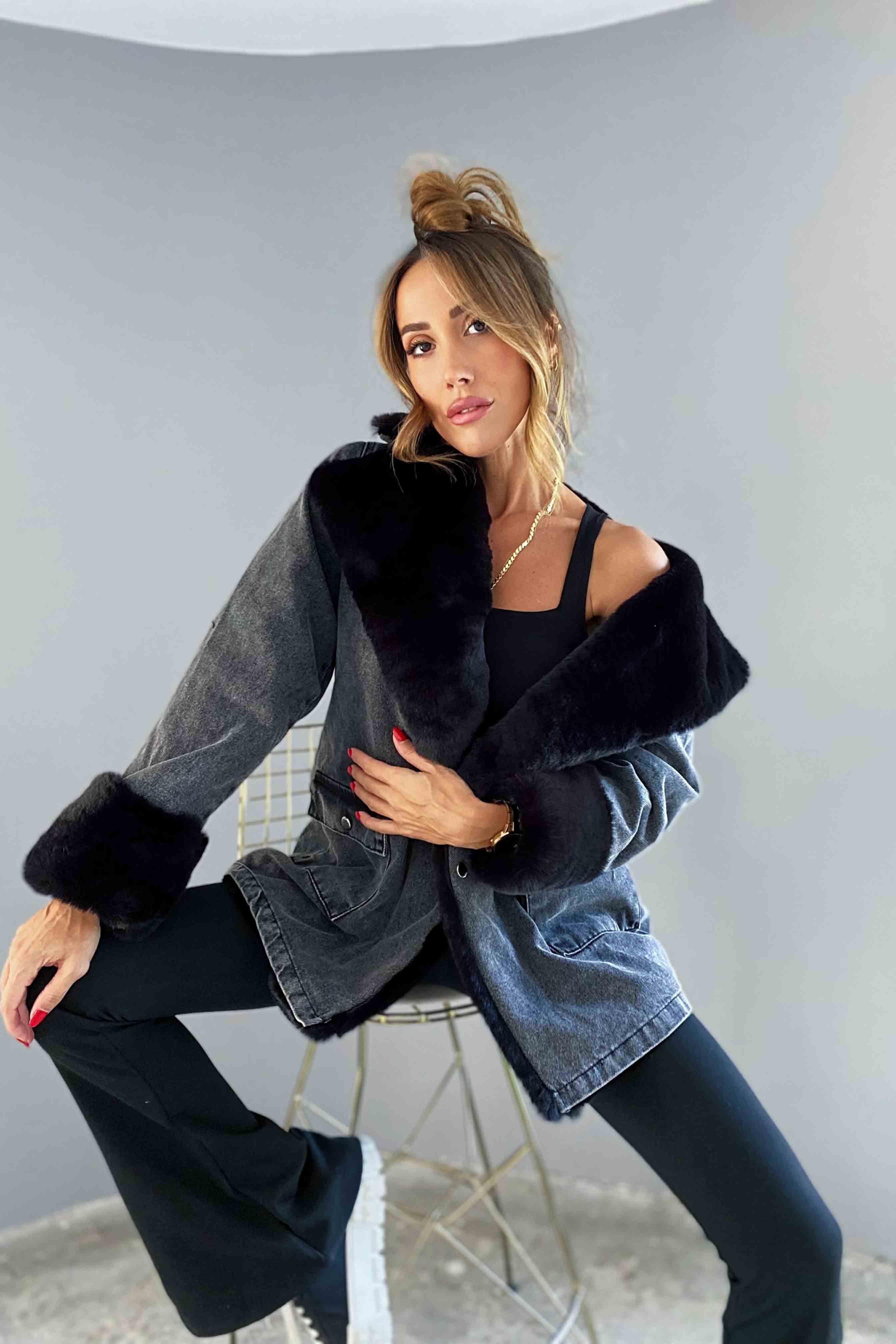 Siyah Kürklü Denim Kadın Uzun Mont Antrasit