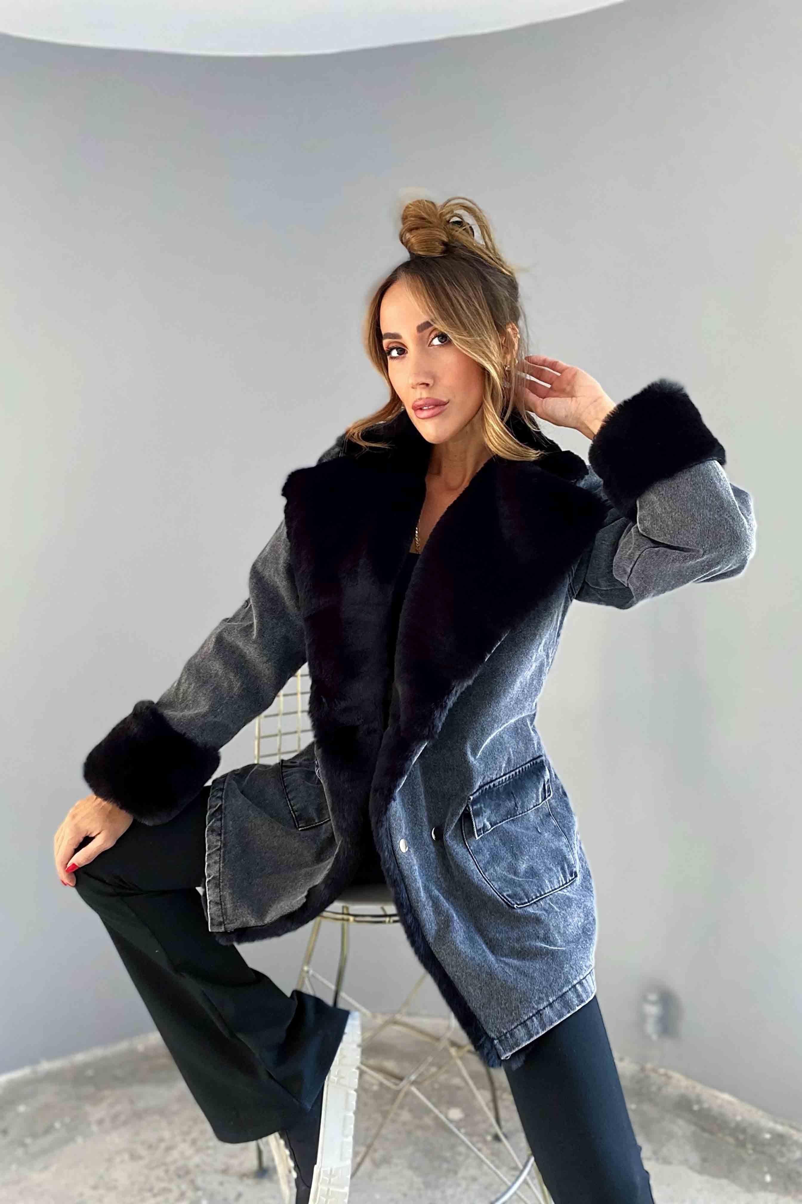 Siyah Kürklü Denim Kadın Uzun Mont Antrasit