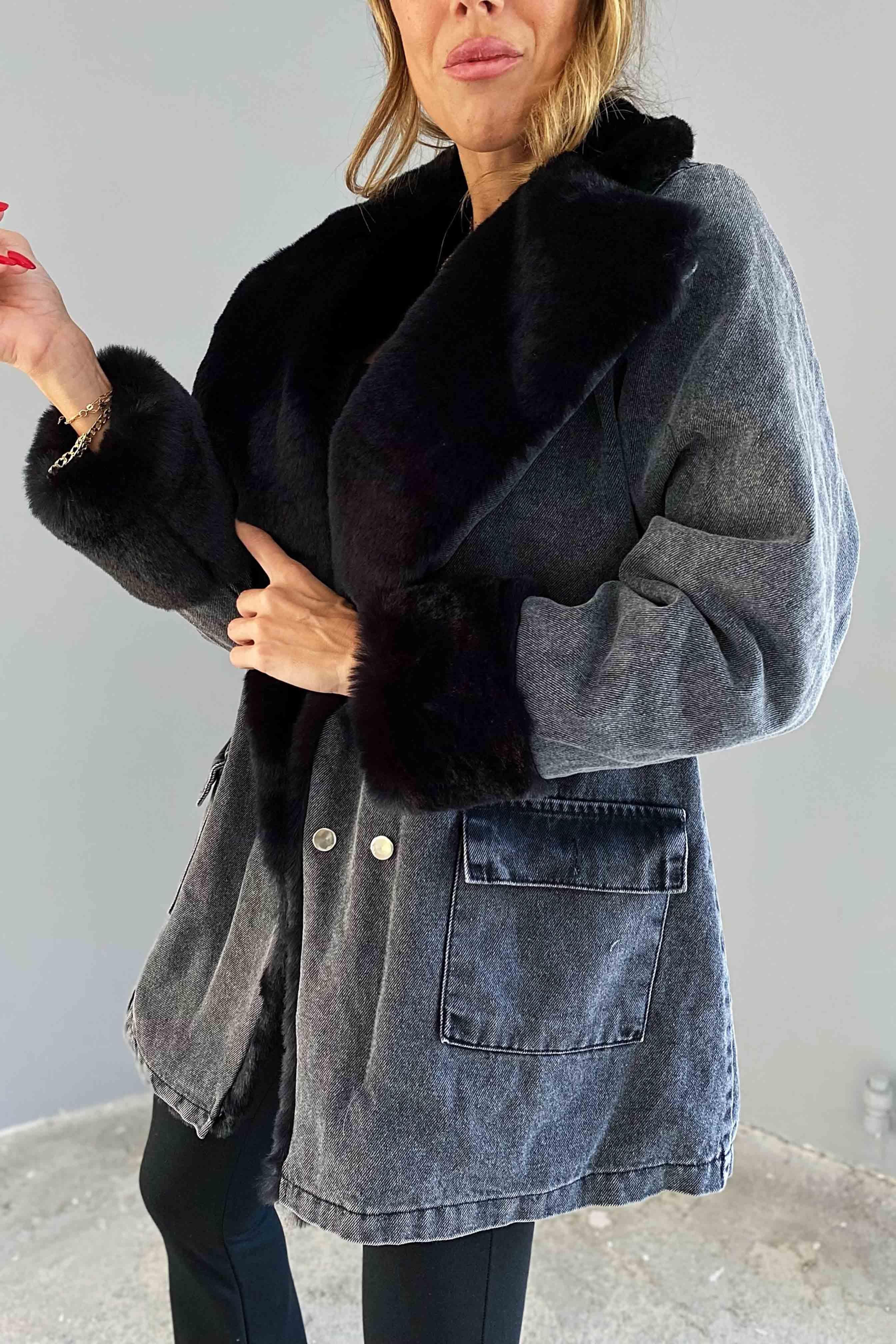 Siyah Kürklü Denim Kadın Uzun Mont Antrasit