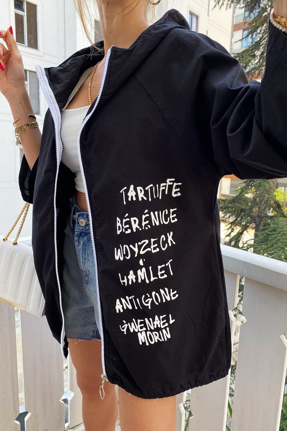Siyah Naturel Beautiful Day Yazı Figürlü Oversize Ceket