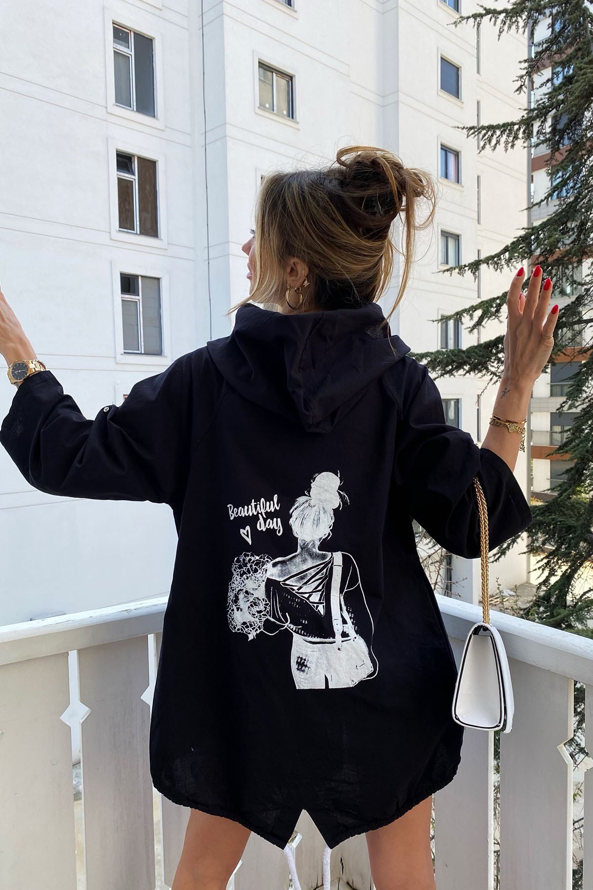 Siyah Naturel Beautiful Day Yazı Figürlü Oversize Ceket