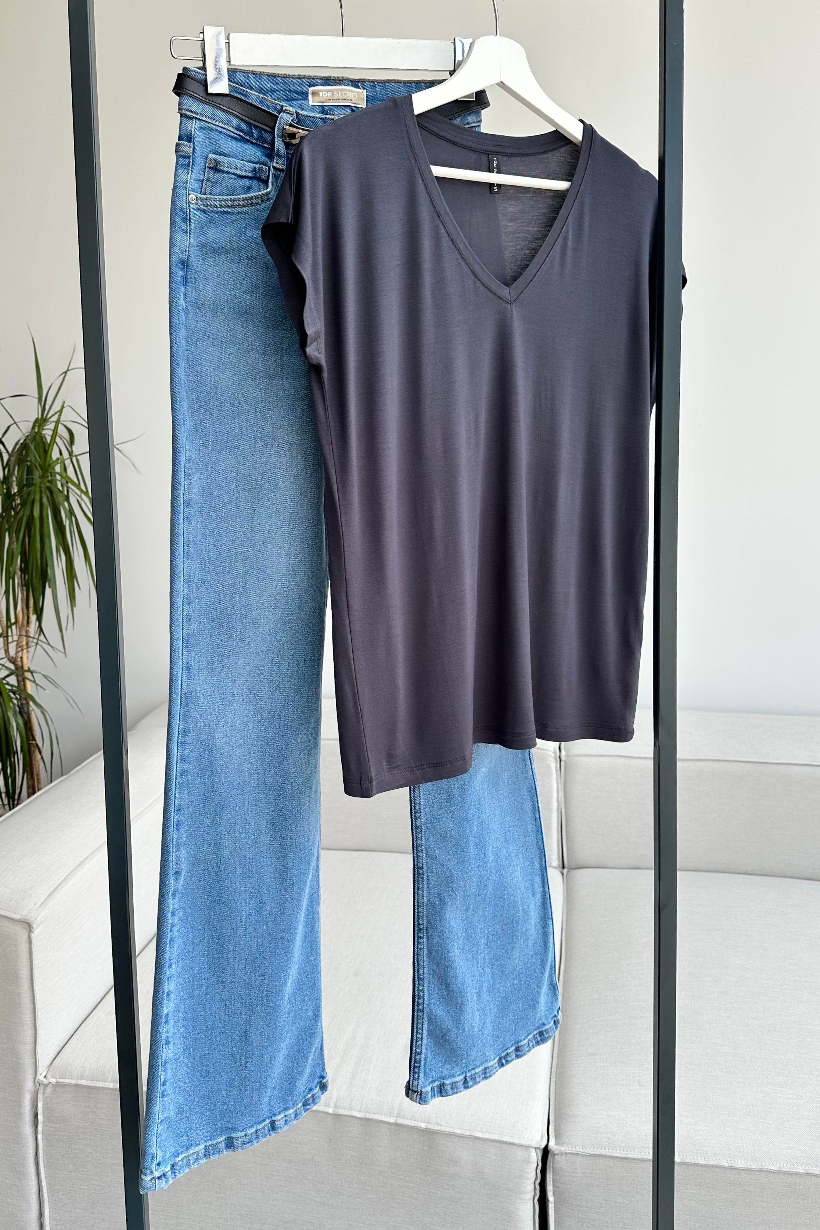 Soft Line V Yaka Basic Tişört Antrasit