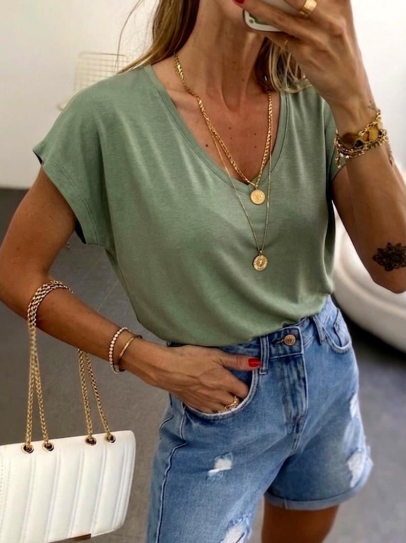 Soft Line V Yaka Basic Tişört Haki