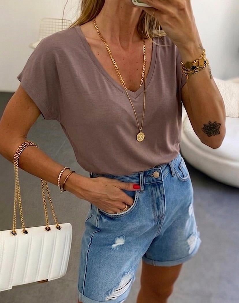 Soft Line V Yaka Basic Tişört Kahve