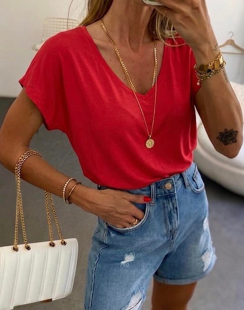 Soft Line V Yaka Basic Tişört Kırmızı