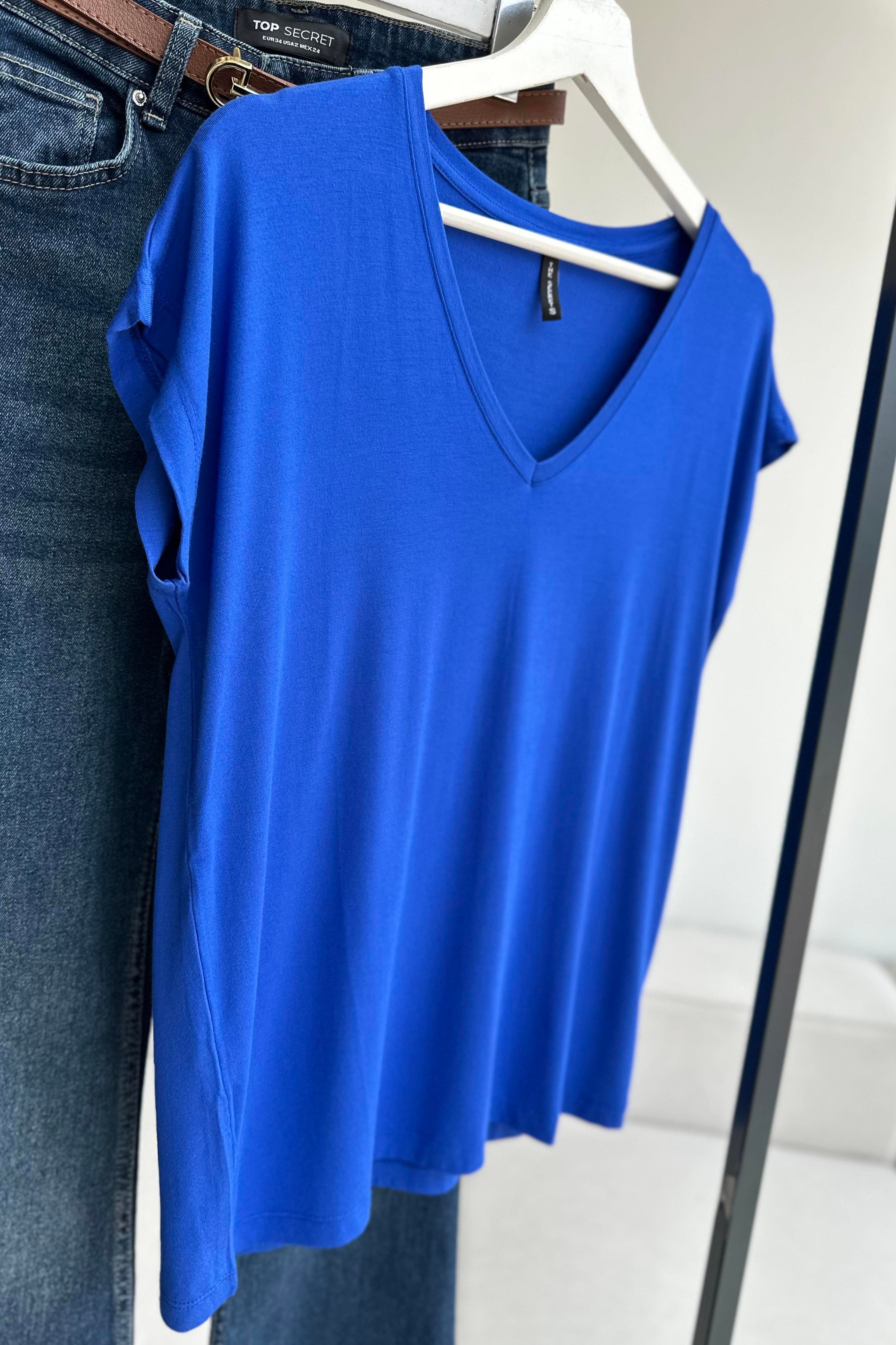 Soft Line V Yaka Basic Tişört Saks Mavisi