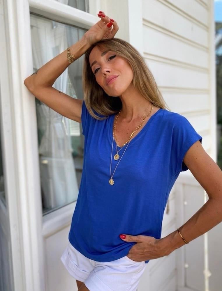 Soft Line V Yaka Basic Tişört Saks Mavisi