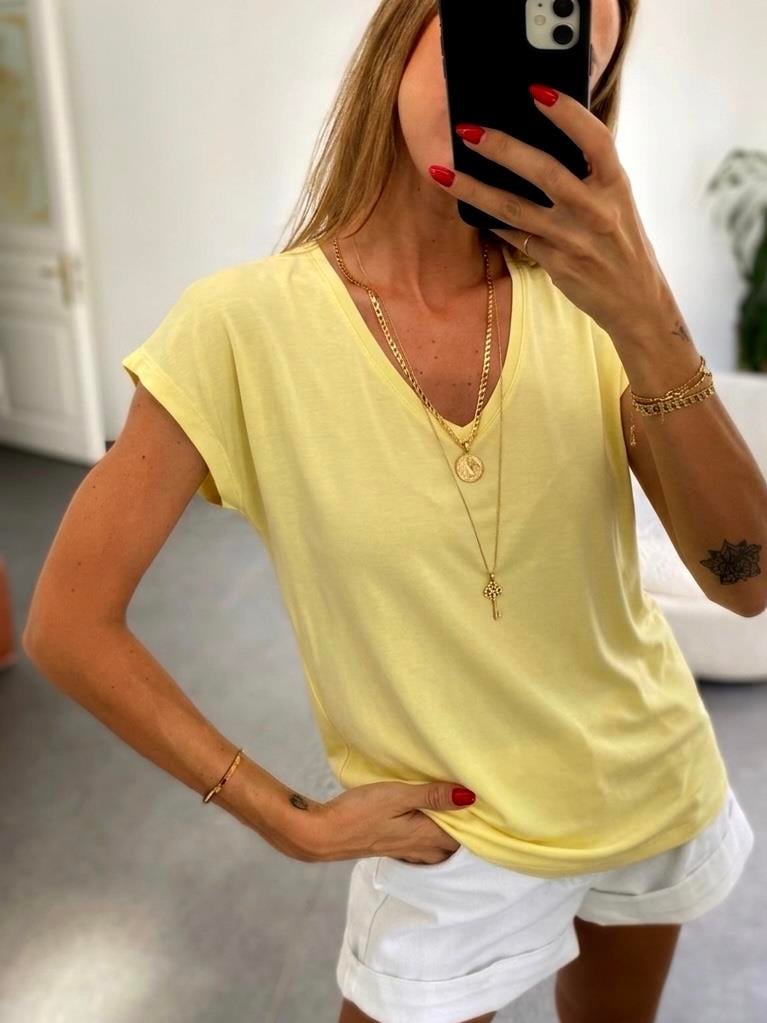 Soft Line V Yaka Basic Tişört Sarı