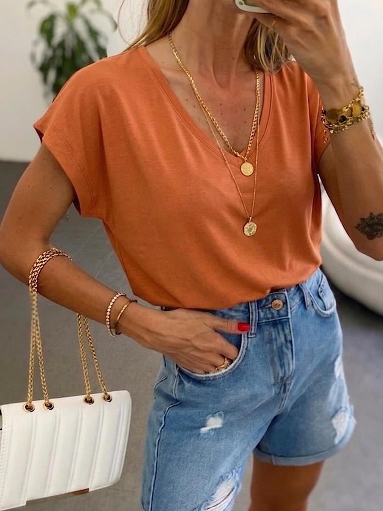 Soft Line V Yaka Basic Tişört Tarçın