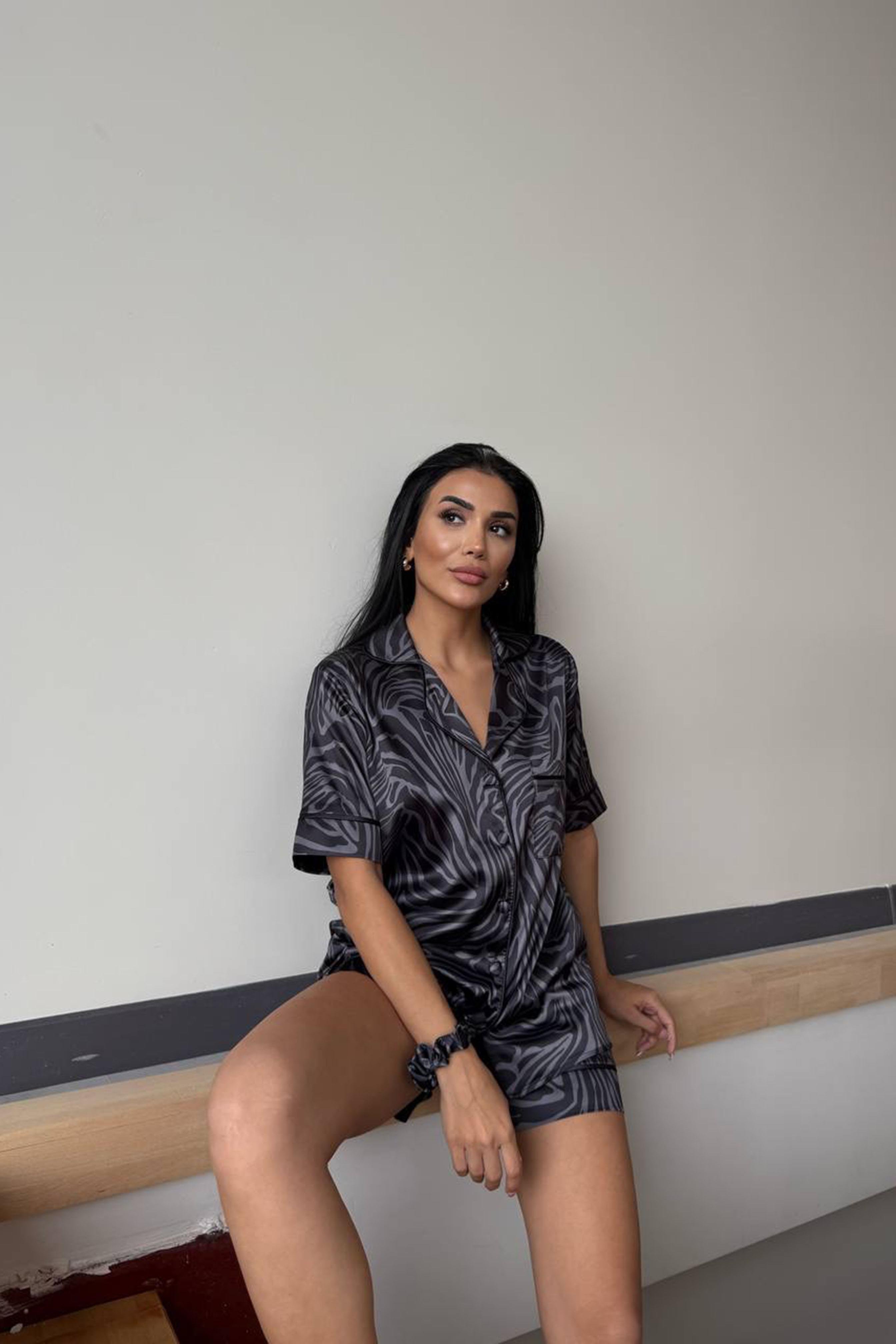 Stagione Estiva Saten Kısa Pijama Takımı Antrasit