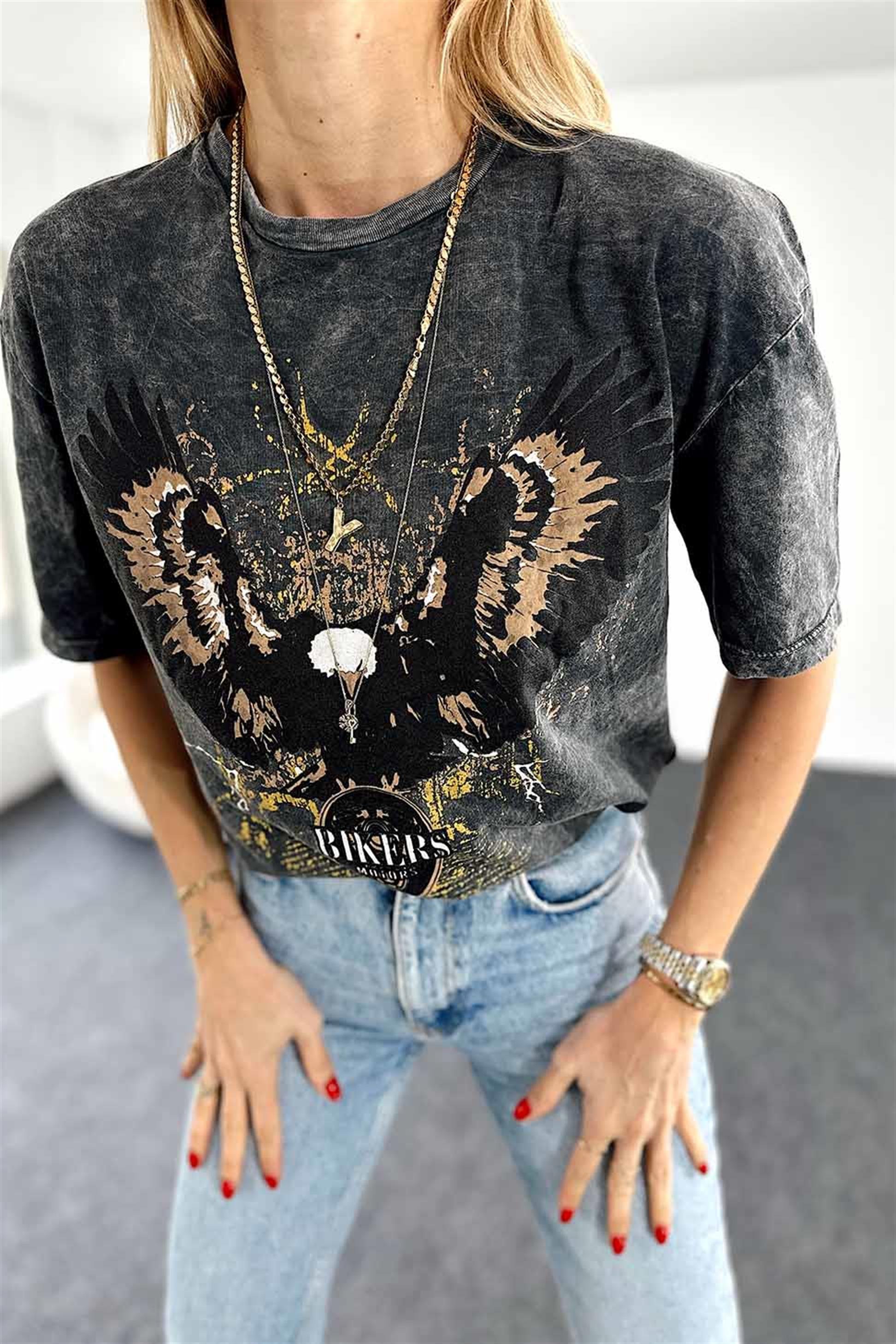 Stay Wild Kartal Baskılı Yıkamalı Tişört Gri